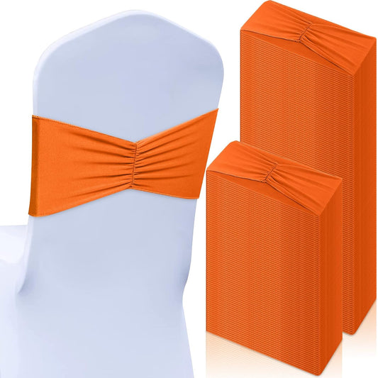 Moukeren 100 Pcs Spandex Chair Sashes Bows Bands Slider Sashes for Chair Covers Elastic Bands Ties Ribbon Decorations for Wedding Party Events Ceremony Birthday Banquet(Orange)