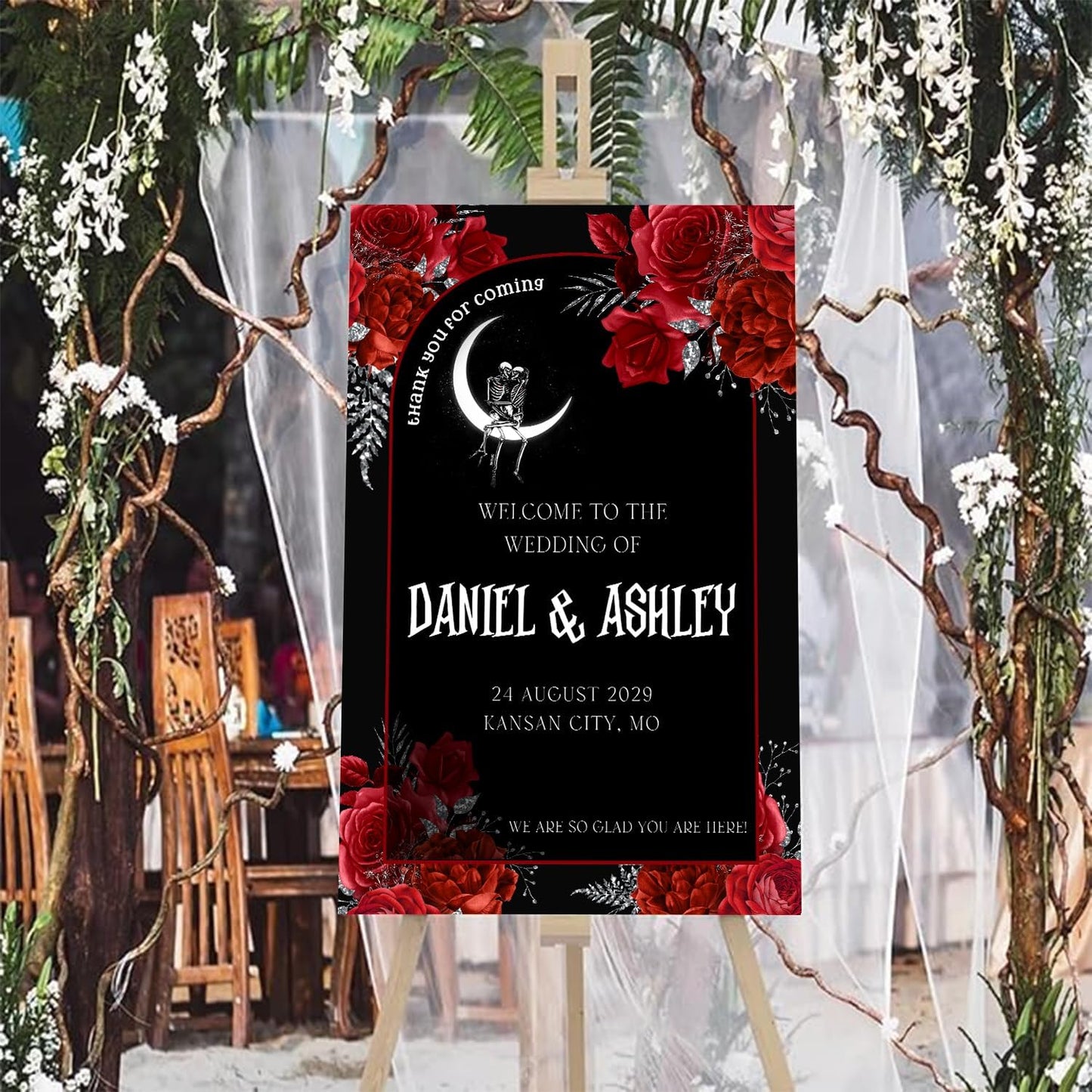 Gothic Halloween Welcome Sign, 4mm Thick Plastic, 12"x18", 28"x24", 18"x27", 24"x36", Black, Burgundy, Ground Stake, Wedding Sign