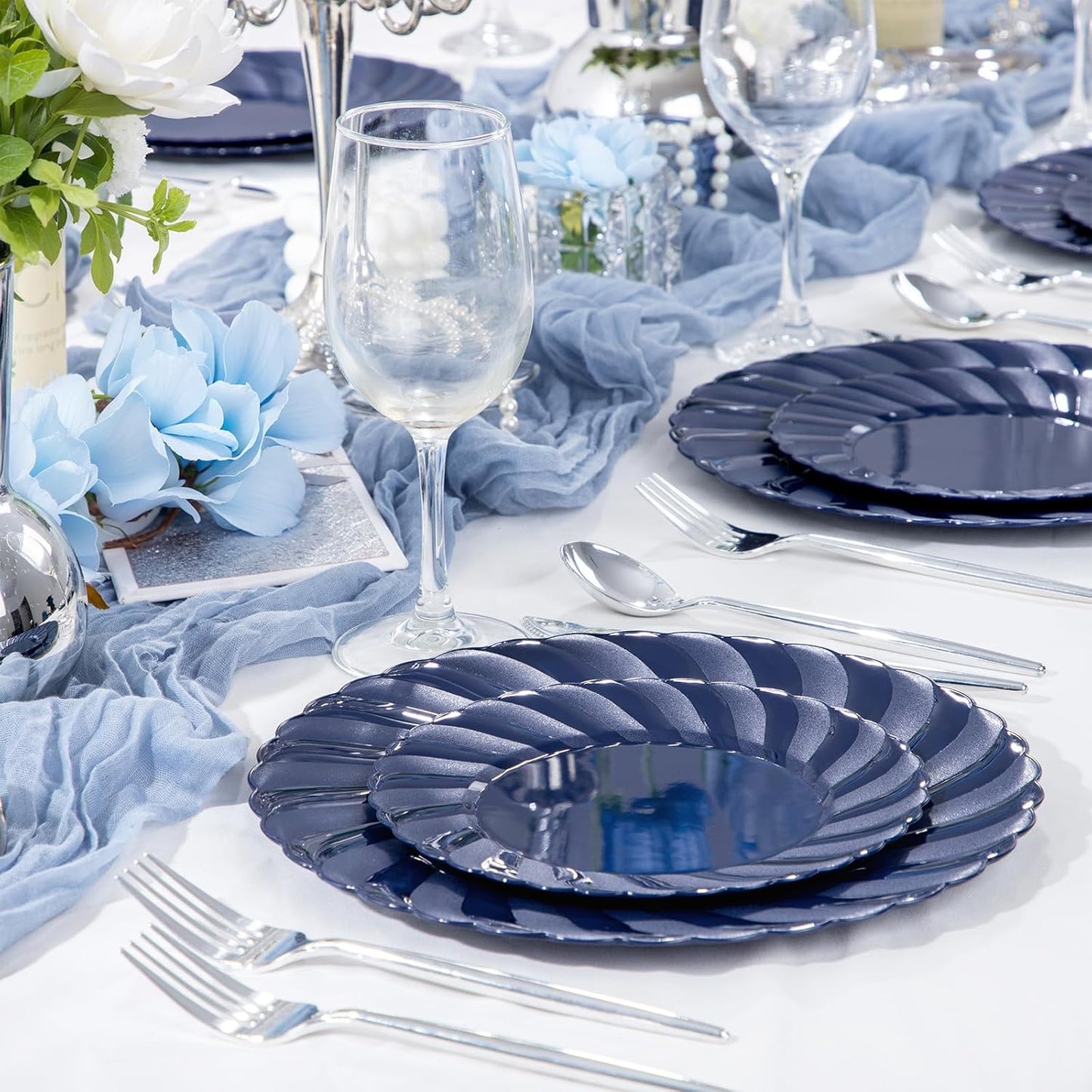 U-QE 60 Pcs Blue Plastic Plates for Party – Scalloped Blue Plates Disposable Heavy Duty – Include 30 10.25" Dinner & 30 7.25" Dessert Plate - Perfect for Birthday Parties, Baby Showers, and Weddings