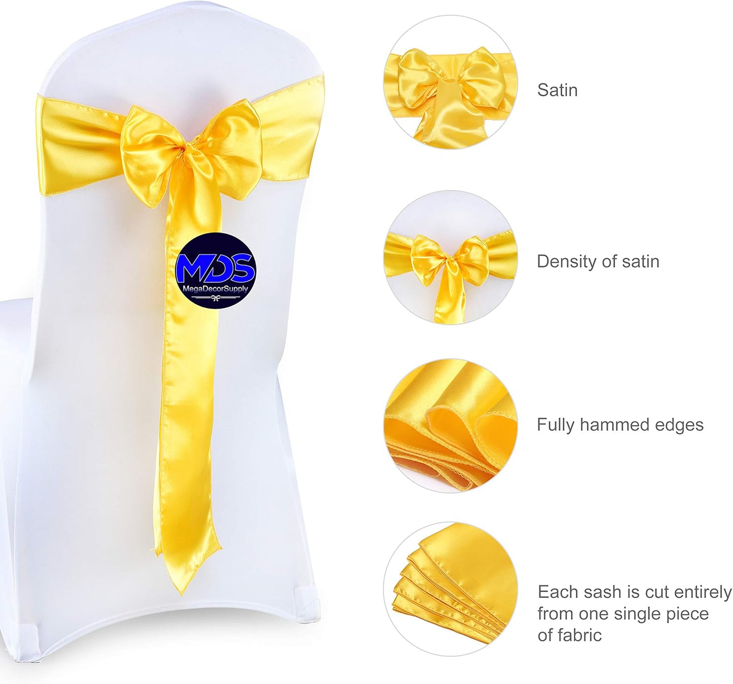 MDS Pack of 300 PCS Satin Chair Sashes Charmeuse Sateen Dining Chair Bows Ribbon Ties Back Sash for Wedding Party Birthday Home Hotel Restaurant Banquet Decoration (7 x 108 Inch, Yellow Gold)