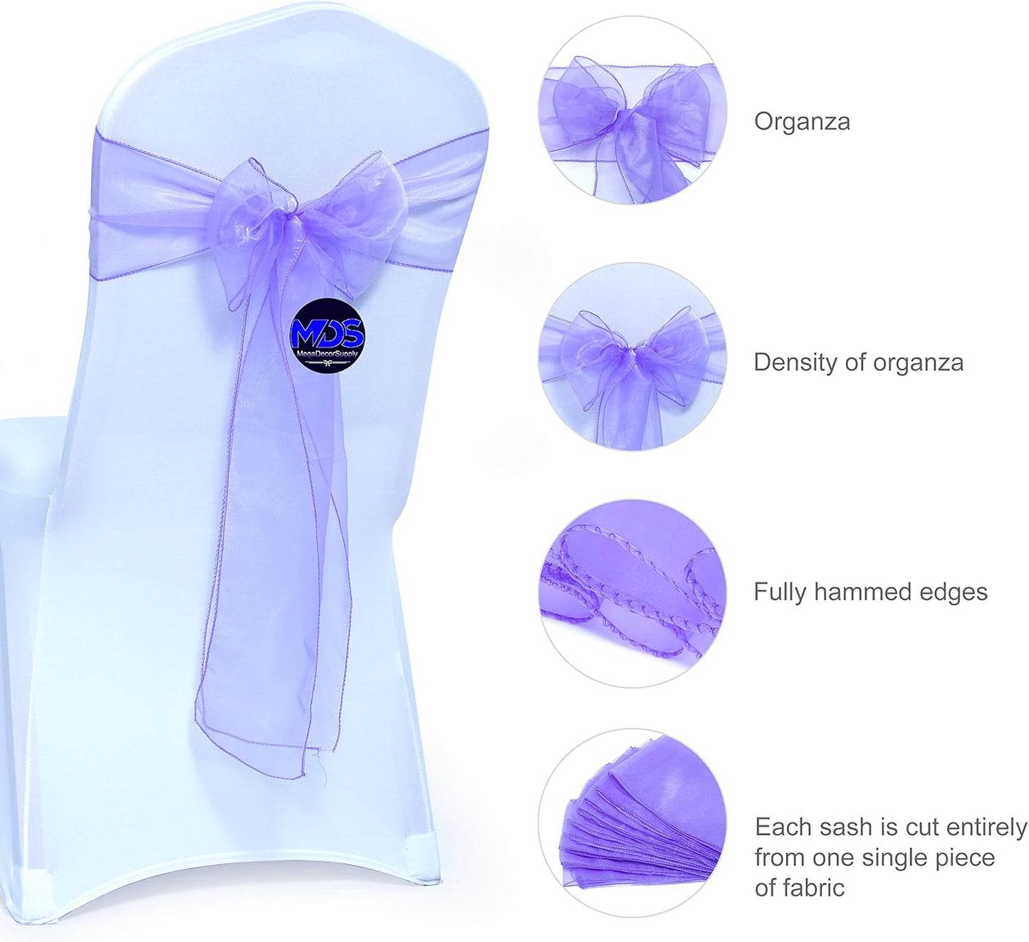 MDS Pack of 150 PCS Organza Chair Sashes Wider Dining Chair Bows Ribbon Tie Back for Wedding Party Birthday Bridal Shower Reception Event Banquet Home Chair Cover Decoration - Lavender