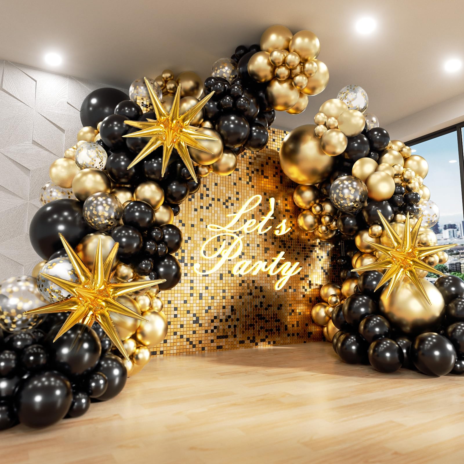 Black and Gold Balloons Garland Arch Kit with Black Gold Confetti Balloons