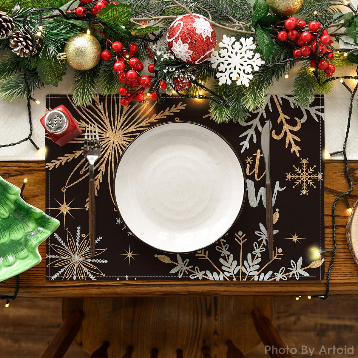 Artoid Mode Black Snowflake Let It Snow Winter Placemats Set of 6, 12x18 Inch Seasonal Christmas Table Mats for Party Kitchen Dining Decoration