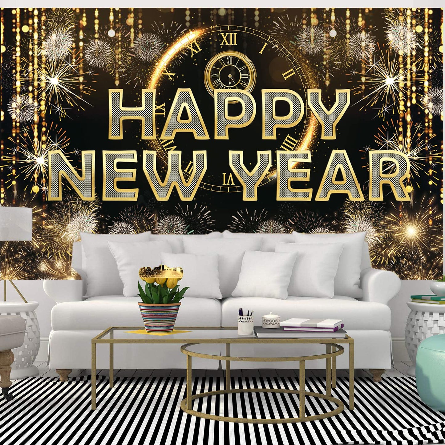 HAPPY NEW YEAR Hanging Extra Large Fabric Sign Poster Black Background Banner with Firework Pattern