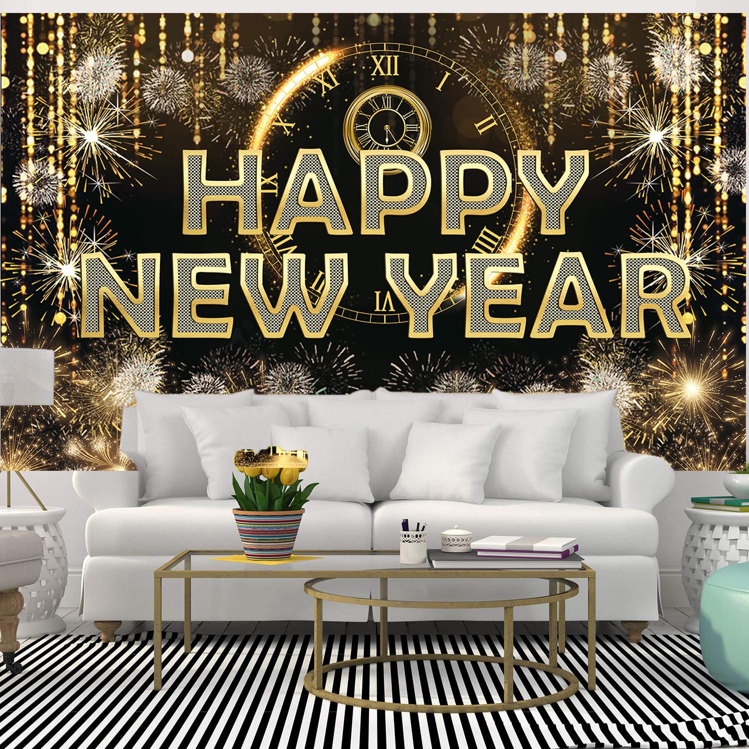 HAPPY NEW YEAR Hanging Extra Large Fabric Sign Poster Black Background Banner with Firework Pattern