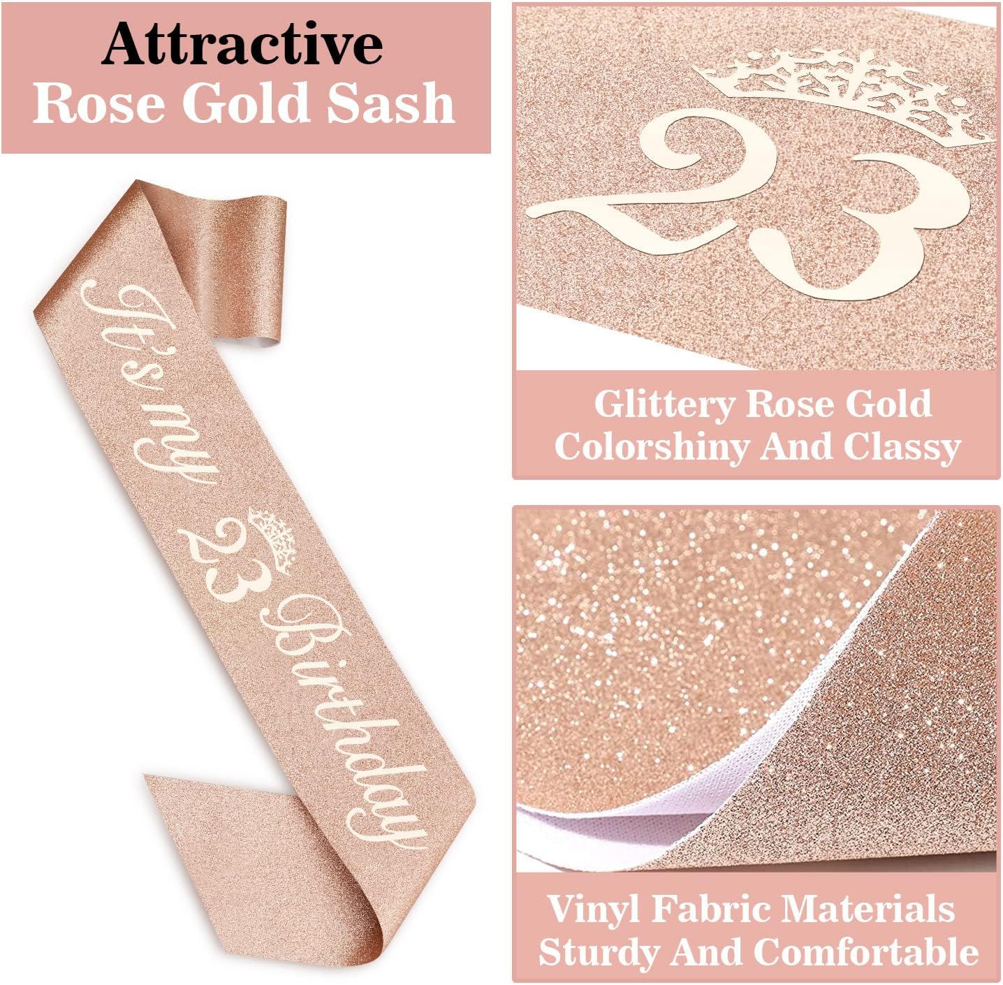 23 Birthday Decorations for Women Including Sash and Tiara, Cake Topper and Candles, 23rd Birthday Gifts for Women, Rose Gold Party Decor Supplies