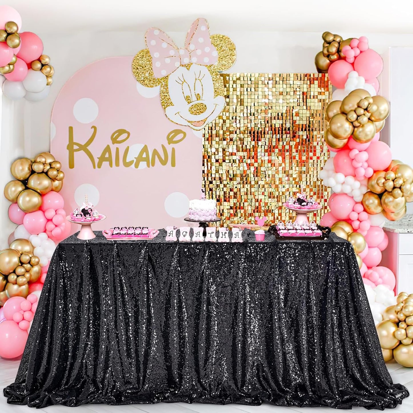 QueenDream Sparkly Sequin Tablecloth - Black Table Cloth 50x80 Inches Rectangle Table Overlay Fabric for Birthday Parties Baby Shower Decoration