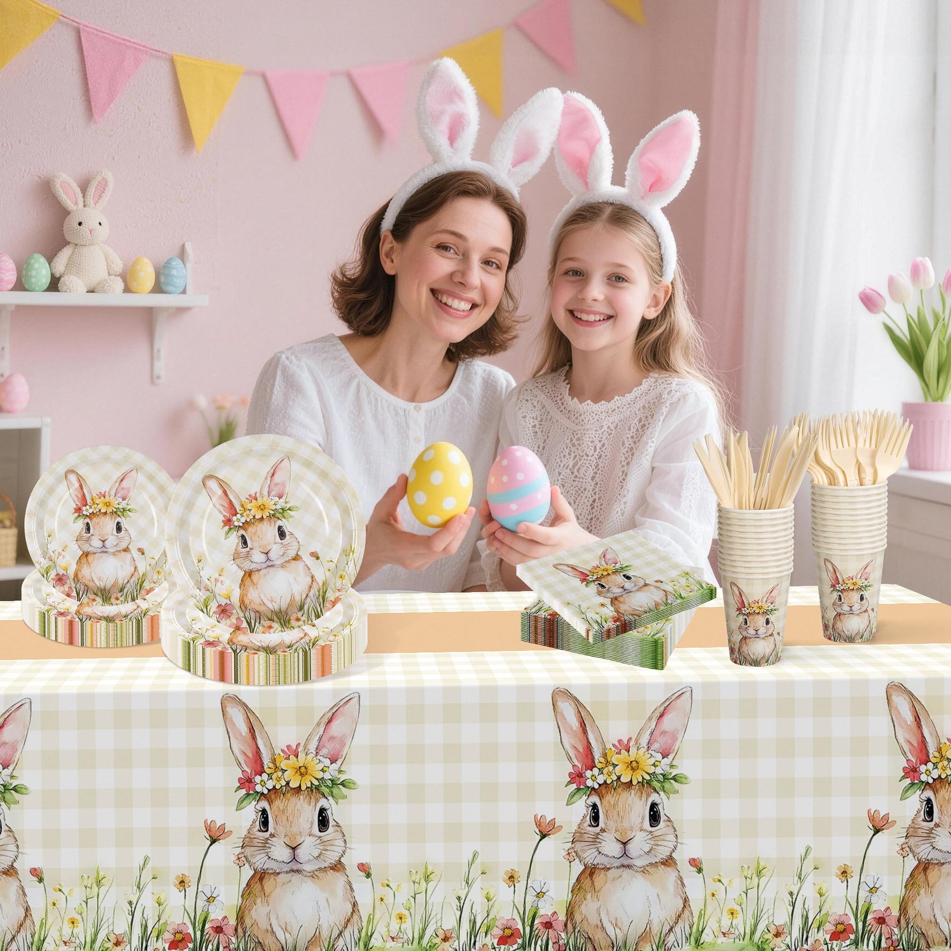 Childom Spring Party Decorations,147 Pcs Disposable Plates and Napkins Party Supplies,Bunny