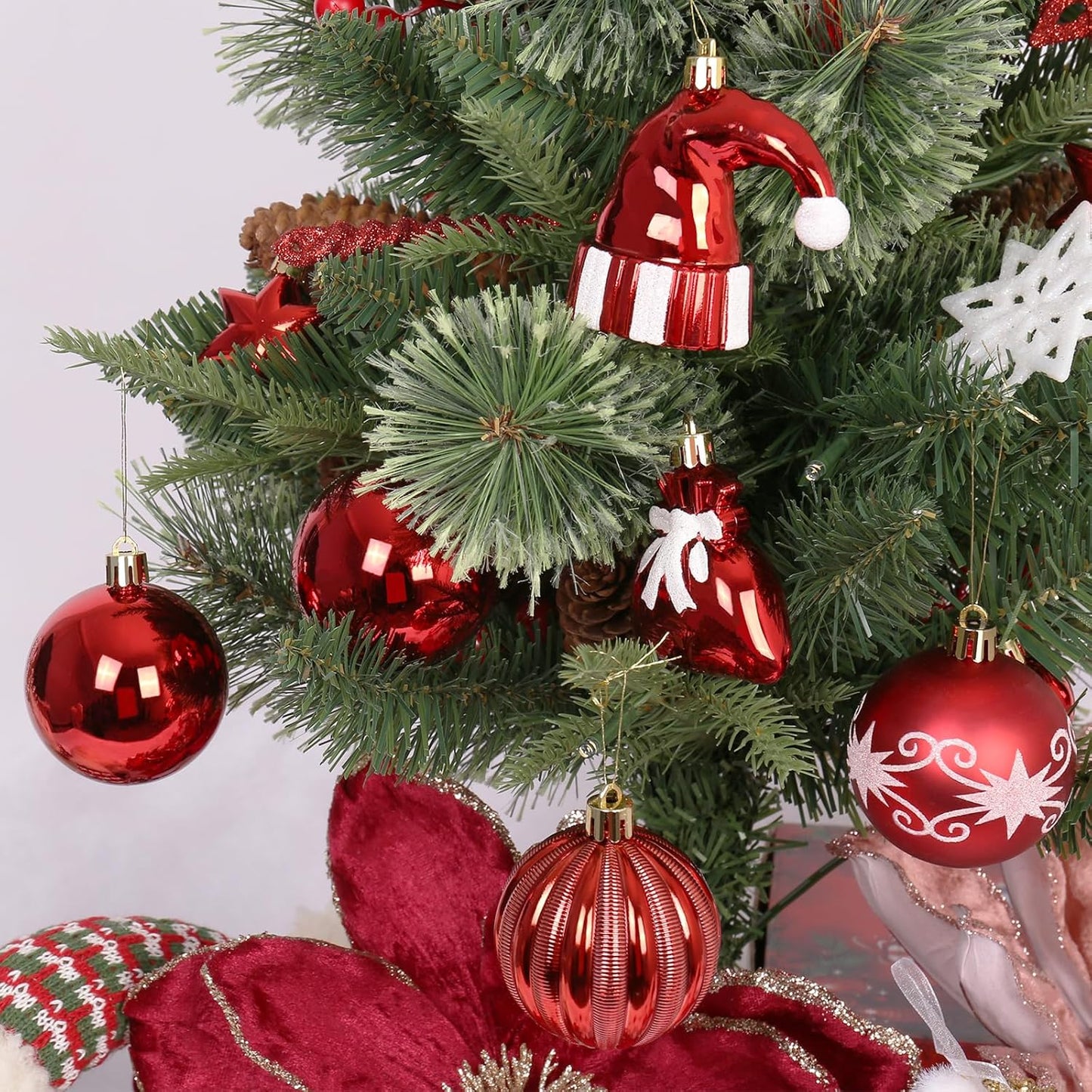 Red White Christmas Ornaments Set, 45PCS Plastic Shatterproof Christmas Tree Hanging Decorations, for Indoor Holiday Party Thankgivings Xmas Decor.