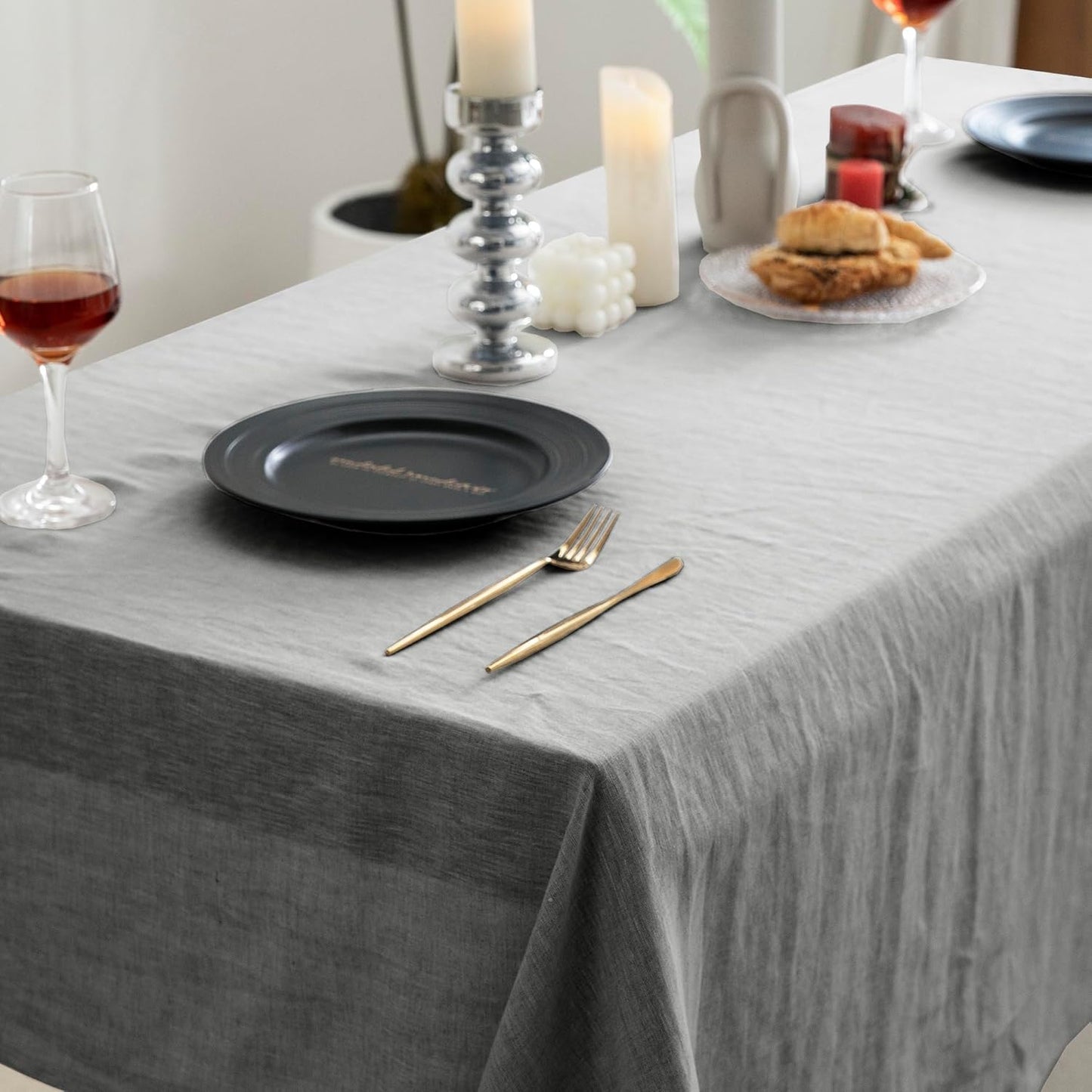 EVERLY 100% Pure Linen Rectangle Tablecloths 60x84Inches for Dining,Buffet Parties,Picnic,Events,Weddings and Restaurants,Decorative Halloween,Thanksgiving Machine Washable Tablecloths-Light Grey