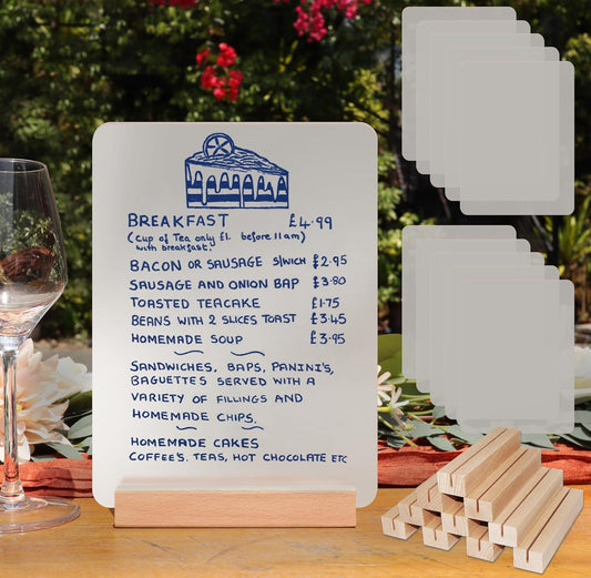 Frosted Blank Rectangle Acrylic Sign with Wooden Stands - 10 Pack DIY Customizable Sign Kit for Wedding Table Numbers, Restaurant Party Bridal Shower (5x7 Inch)