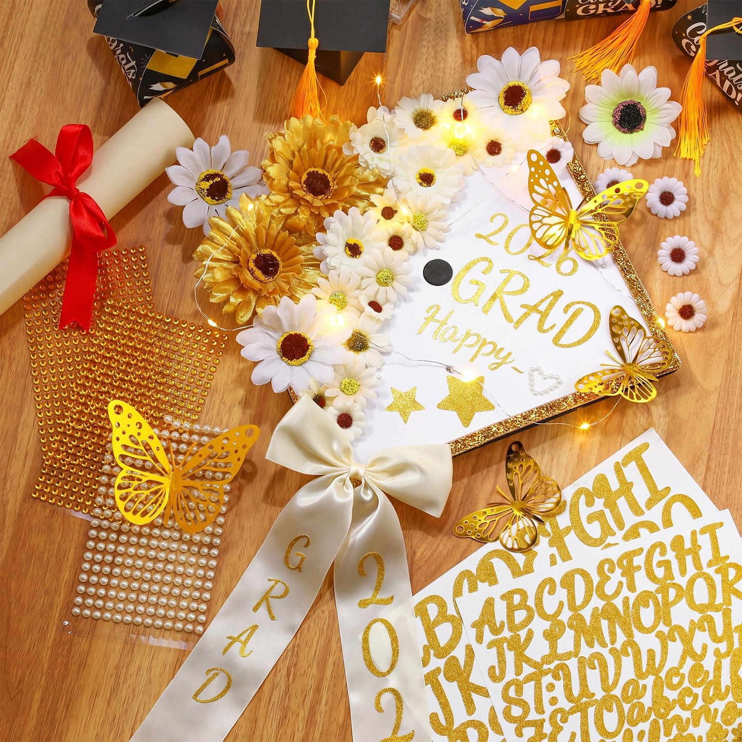 Wavwavw 59 Pcs DIY Graduation Cap Decoration Kit White with LED Lights