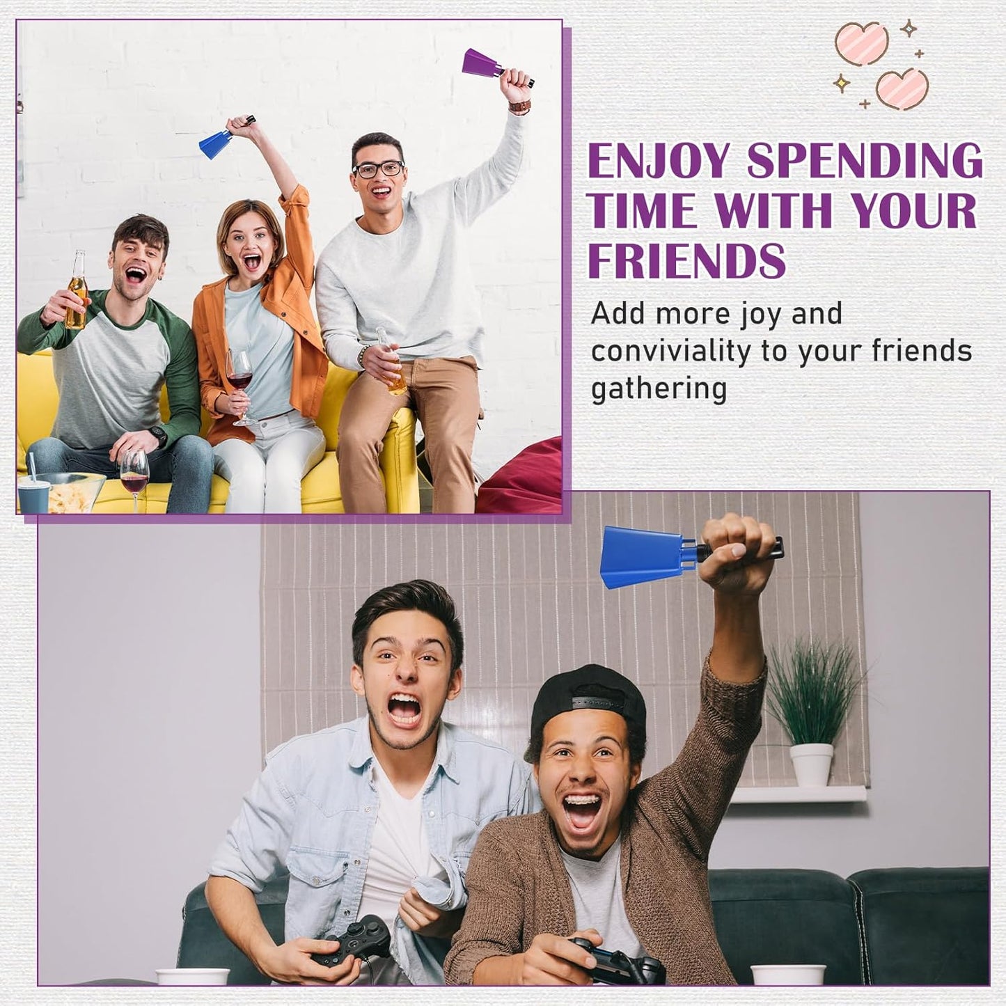 Pelopy 12 Pcs Large Cow Bell 9 '' Cowbell with Handle Cowbells for Sporting Events Hand Percussion Cheering Bell Chimes for Football Game, Alarm Loud Noise Makers, Musical Instrument(Purple, Blue)