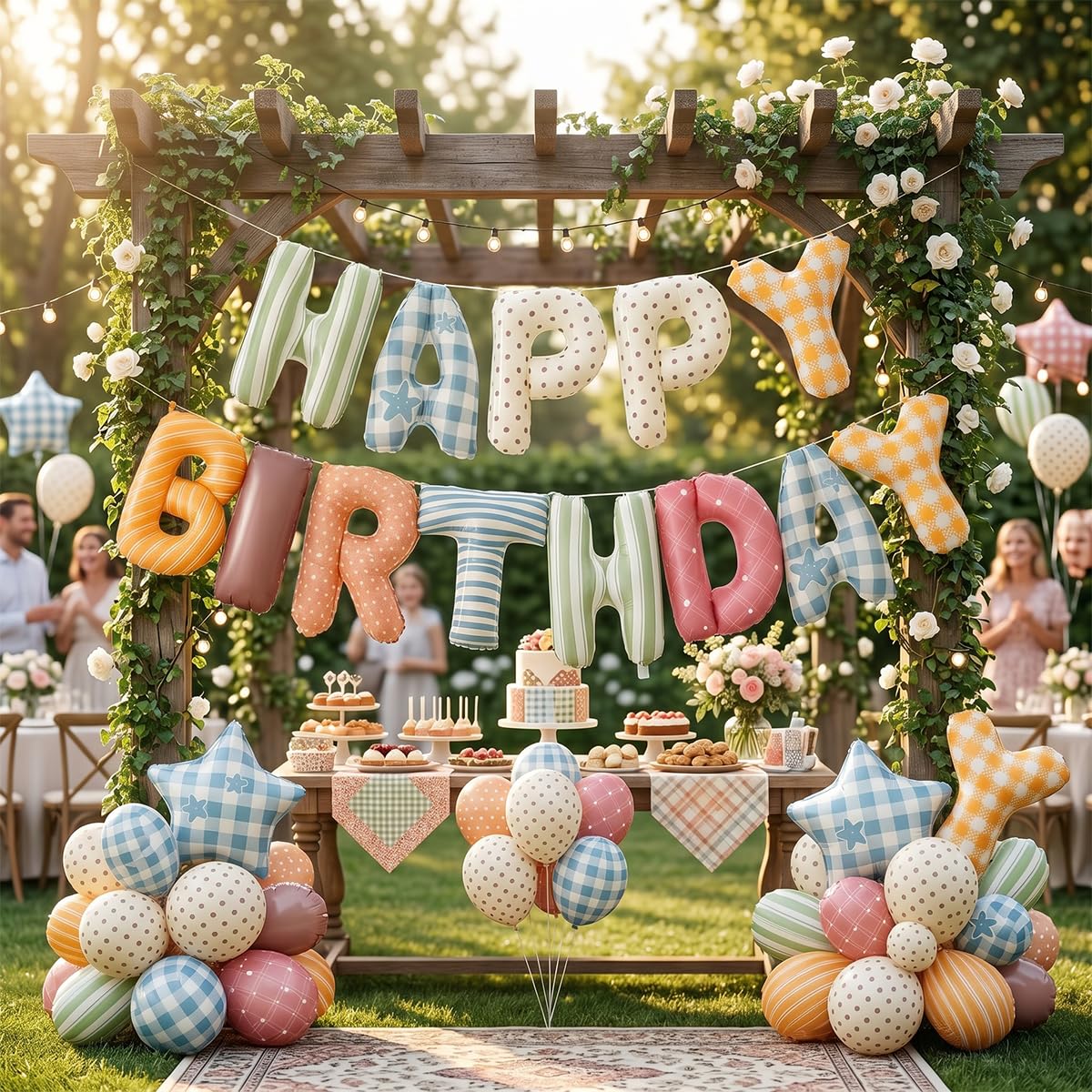 Vrukiaa Colorful Happy Birthday Banner Foil Letter Balloon, 14 Inch 3D Plaid, Polka Dots, Stripes