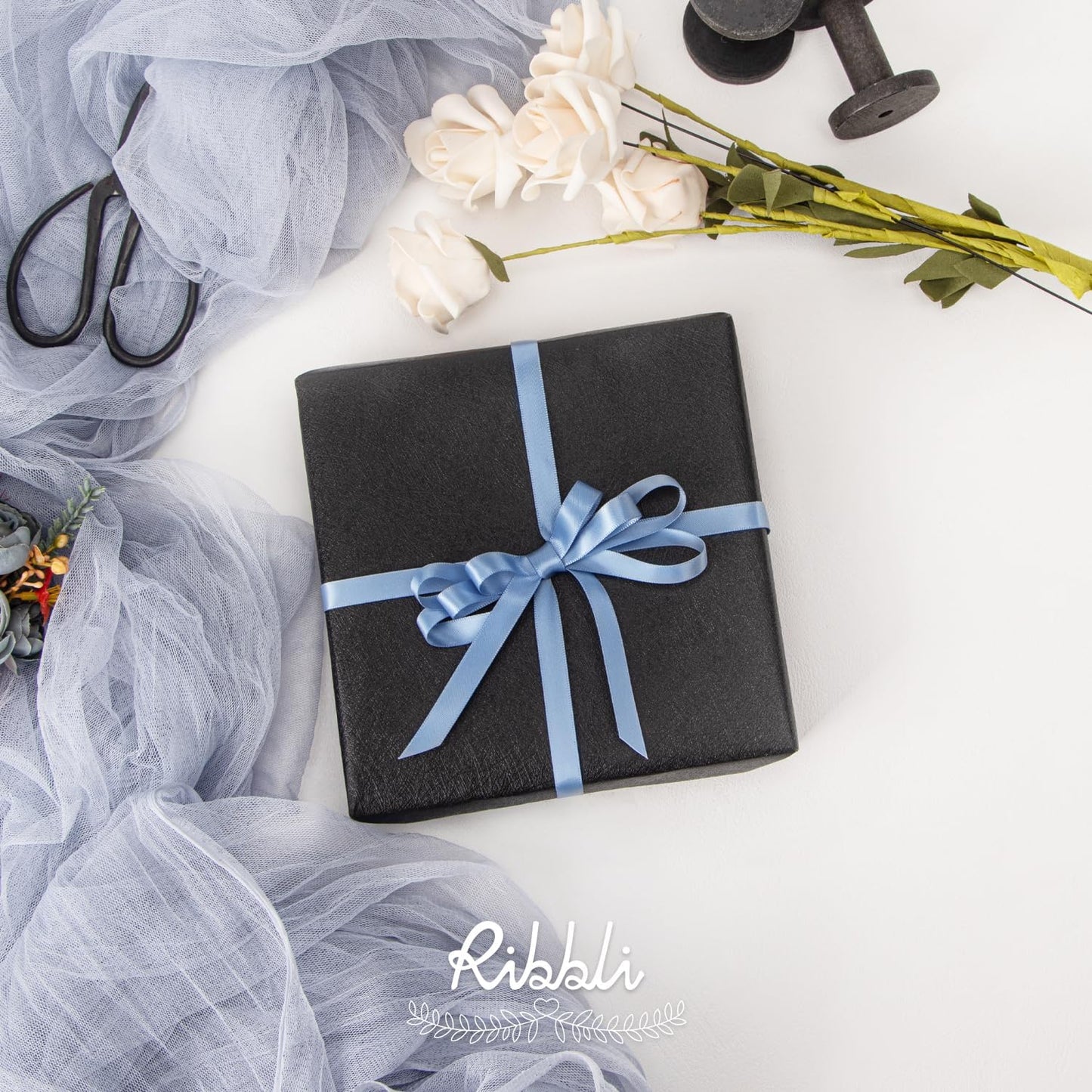 Ribbli Dusty Blue Satin Ribbon,Double Faced Satin 3/8 inch x Continuous 25 Yards,Use for Bows Bouquet,Gift Wrapping,Wedding Decoration,Floral Arrangement