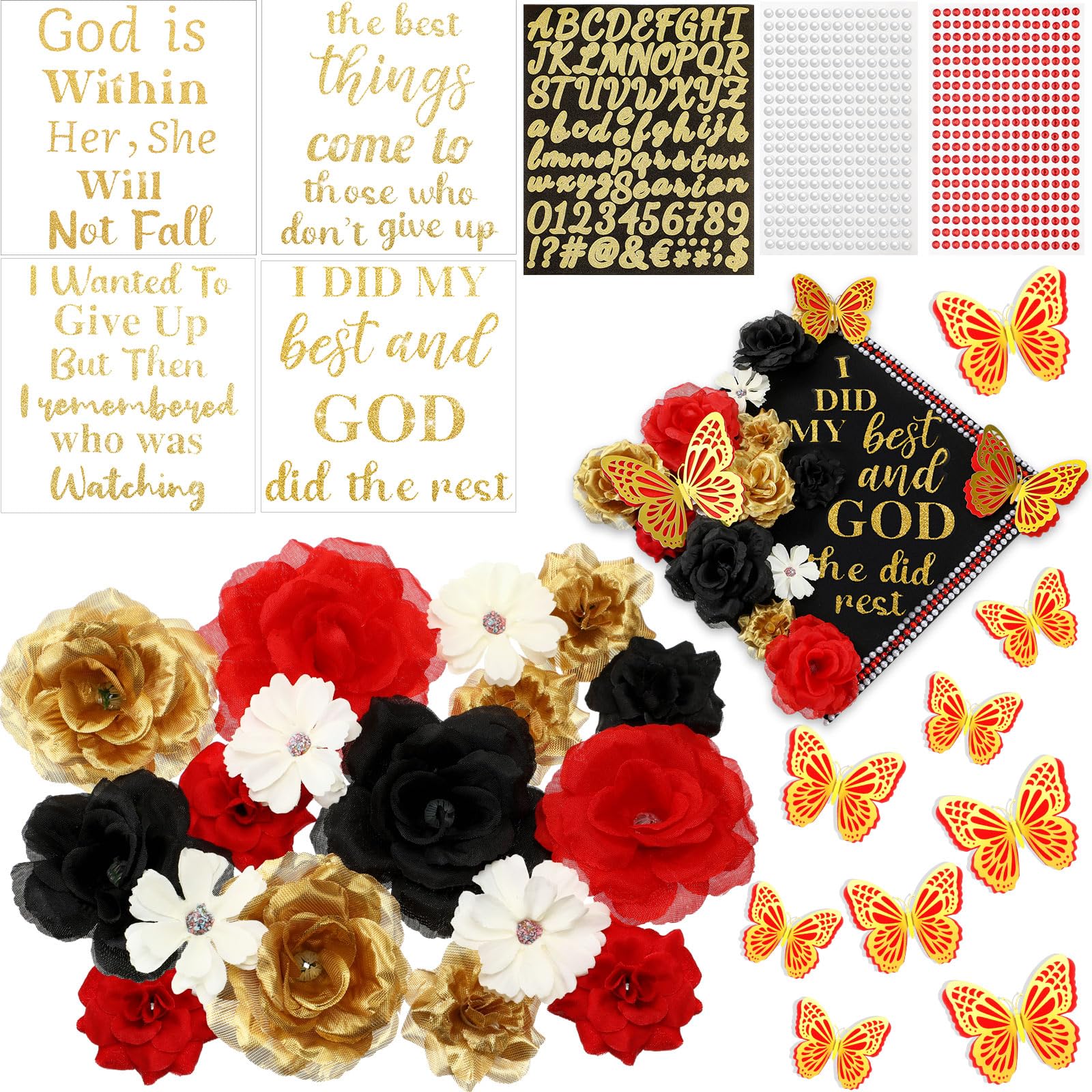 Solsew 35 Pcs DIY Graduation Cap Decorations Kit, Include Faux Flower 3D Butterfly Graduation Quote