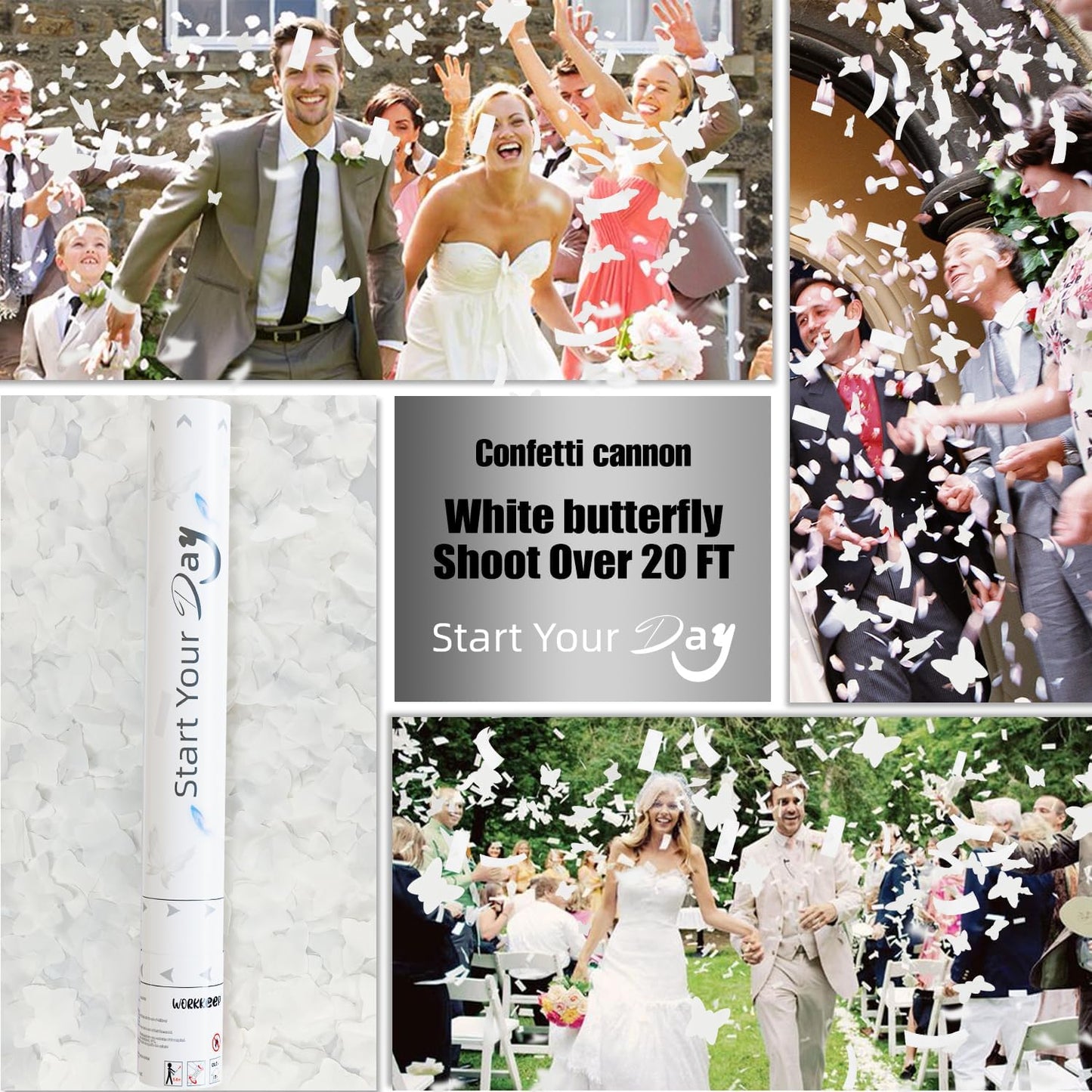 White Butterfly Confetti Poppers, 15 Inch Butterfly Party Poppers for Birthday, Wedding, Halloween Celebrations - Air Powered Confetti Gun