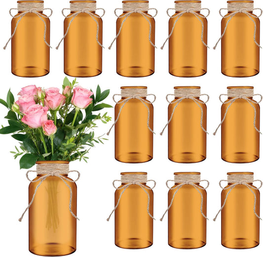 Vintage Glass Flower Vase，12 Pack Farmhouse Amber Gold Glass Centerpiece Vases Mason Jars for Weddings, Parties & Home Decor Bulk (12, Amber)