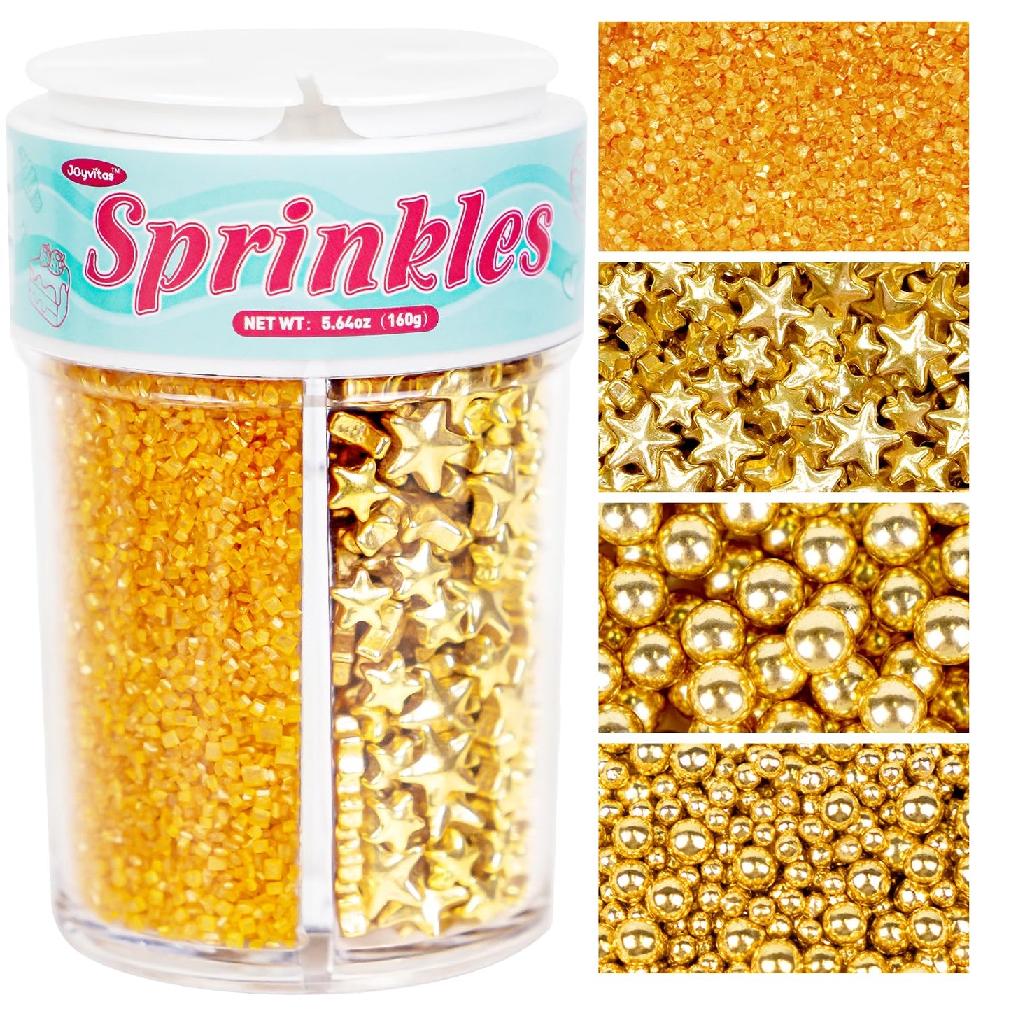 Edible Gold Pearl Sprinkles for Cake Decorating, Gold Sugar Sanding and Star Sprinkles for Cupcake, Cookie, Baking Cake Decorations, 160g/5.64oz, Holiday, Wedding Party, Christmas Supplies