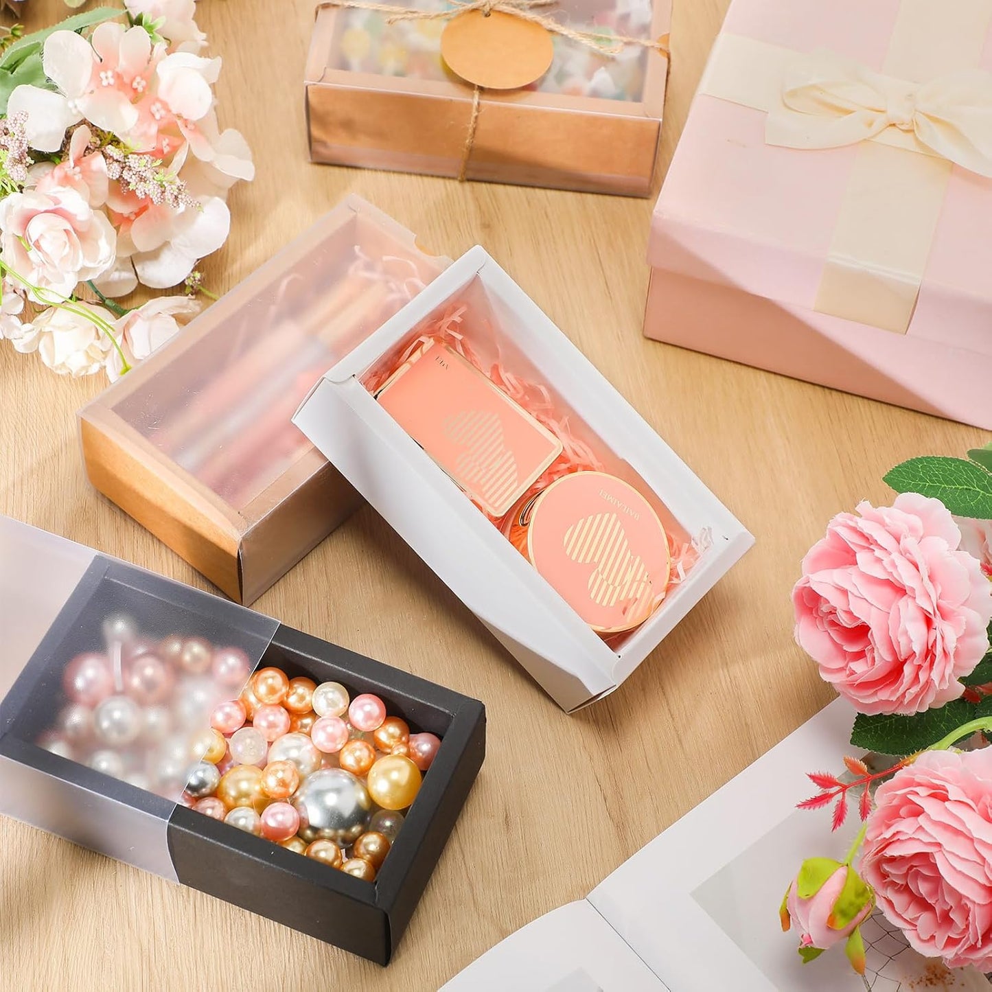 Roowest 50 Sets Kraft Soap Boxes Rectangle Packaging Box with Window Homemade Gift Box with Blank Tags and Jute String for Jewelry Candy Wrapping Party Favor(6.3 x 3.5 x 2 Inch,3 Colors)