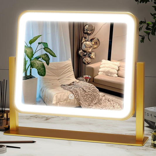 Gold Lighted Makeup Mirror, 14"x12" Vanity Mirror with Smart Touch Control, 3-Color Dimmable Lighting, 360° Rotation for Desk or Bedroom