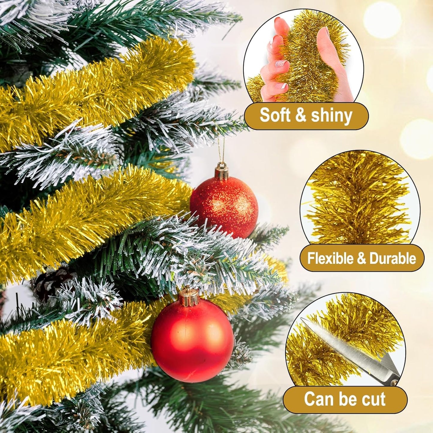 25 Feet Gold Christmas Tinsel Garland, Metallic Foil Twist Garland Wall Hanging Tinsel Banner Backdrop for Parade Floats, Easter, Mother's Day, Birthday Party Decorations (4in x 25ft)