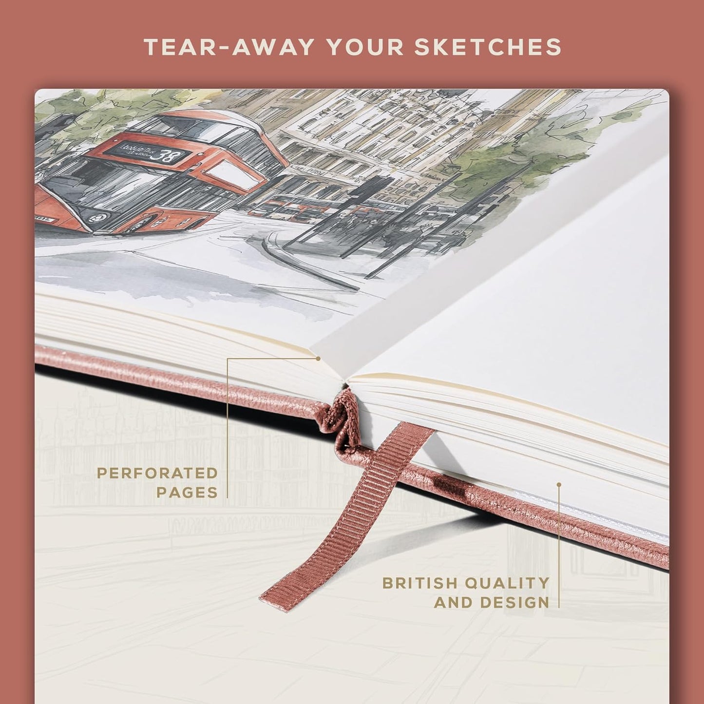 Beechmore Books A4 Sketchbook ??8.5x11 Premium Vegan Leather Bound Large Sketch Book Hardcover with 156 Thick 160gsm Perforated Ivory Pages, Blank Sketch Pad, Gift Boxed, Back Pocket, Ribbon Bookmark