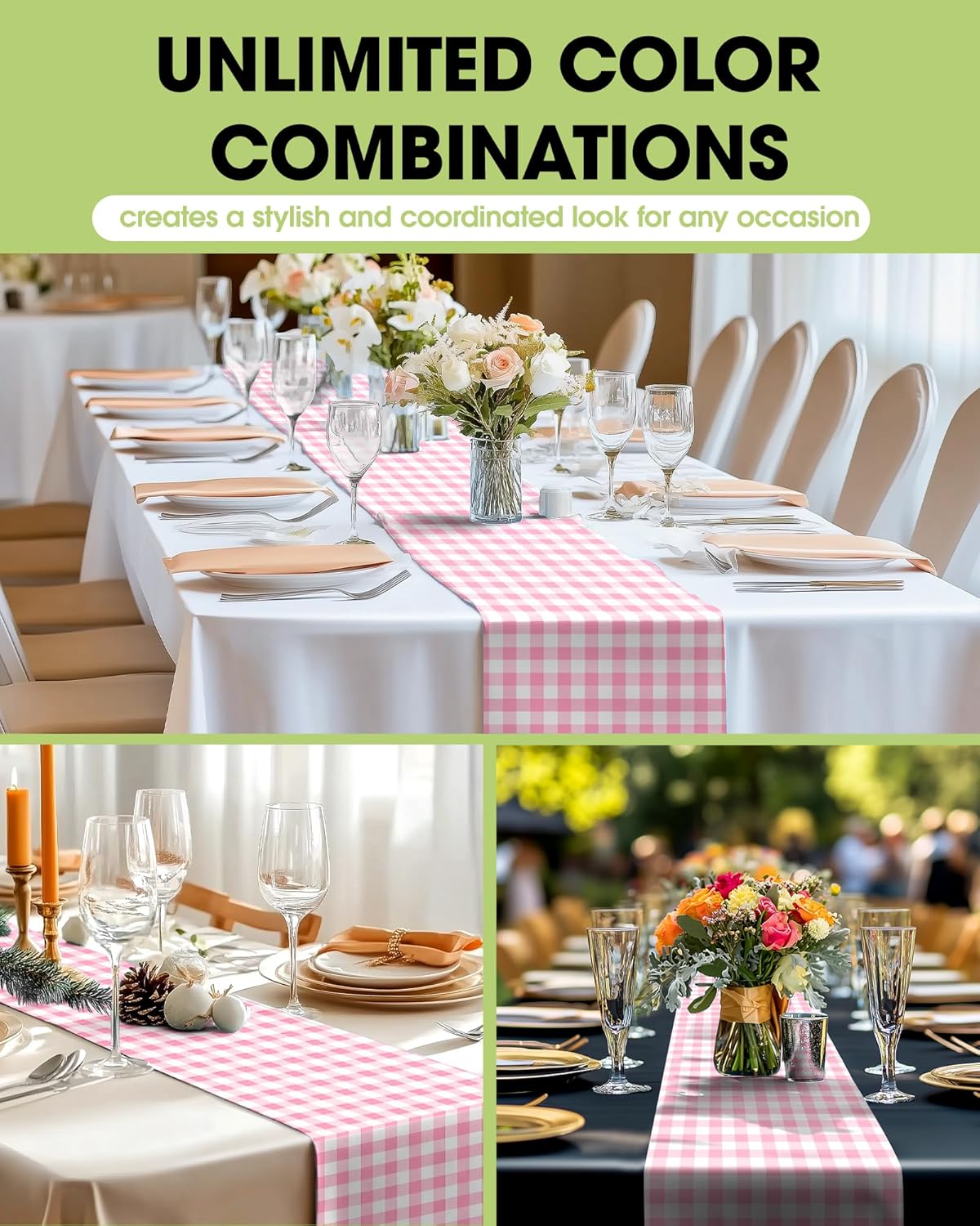 Pureegg Gingham Plastic Table Runners - 10 Pack, 14'' x 108'', Water Resistant & Disposable Plaid Centerpiece Decorations for Table Cloth, Birthday, Holiday, Party, Pink and White Checkered Home Decor