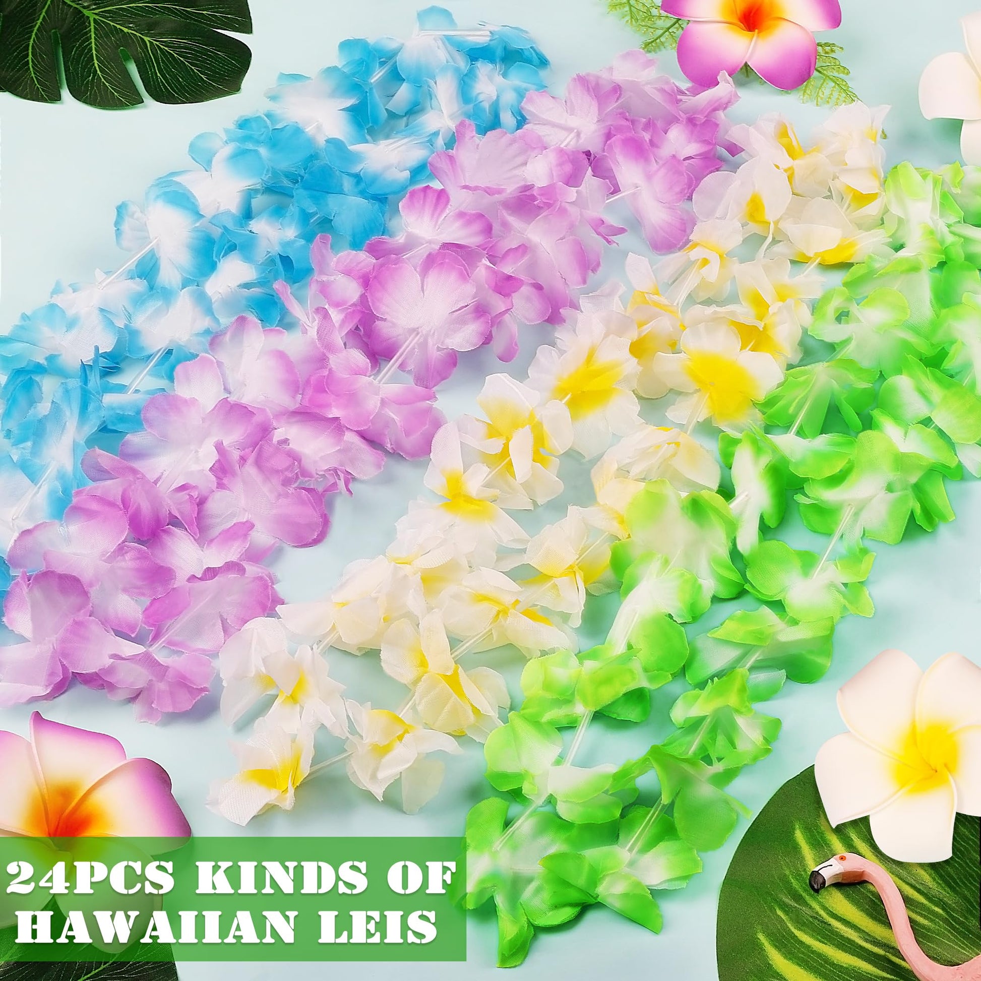 Arrowom 24pcs Hawaiian Leis Bulk Luau Party Silk Flower Necklace Colorful Tropical Hawaiian Bulk