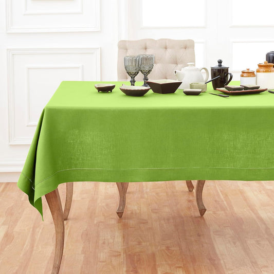 Solino Home Linen Tablecloth for Rectangle Tables 60 x 108 Inch - Classic Hemstitch 100% Pure Linen Lime Green Table Cloth - Machine Washable Cloth Tablecloth