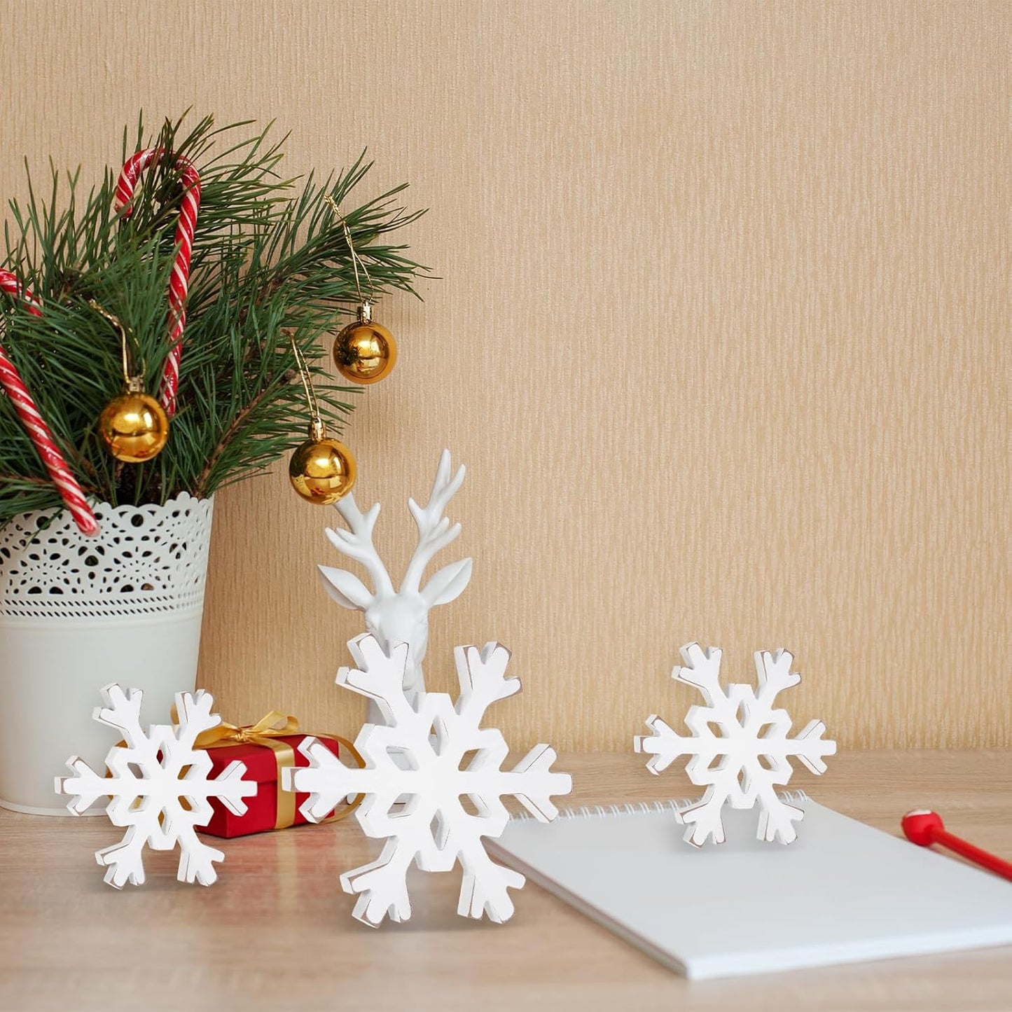 Snowflake Decorations Christmas Decor 6Pcs Winter White Wooden Snowflakes Standing Christmas Tiered Tray Decor Winter Wonderland Decorations for Indoor Home Xmas Table Shelf Fireplace Mantel