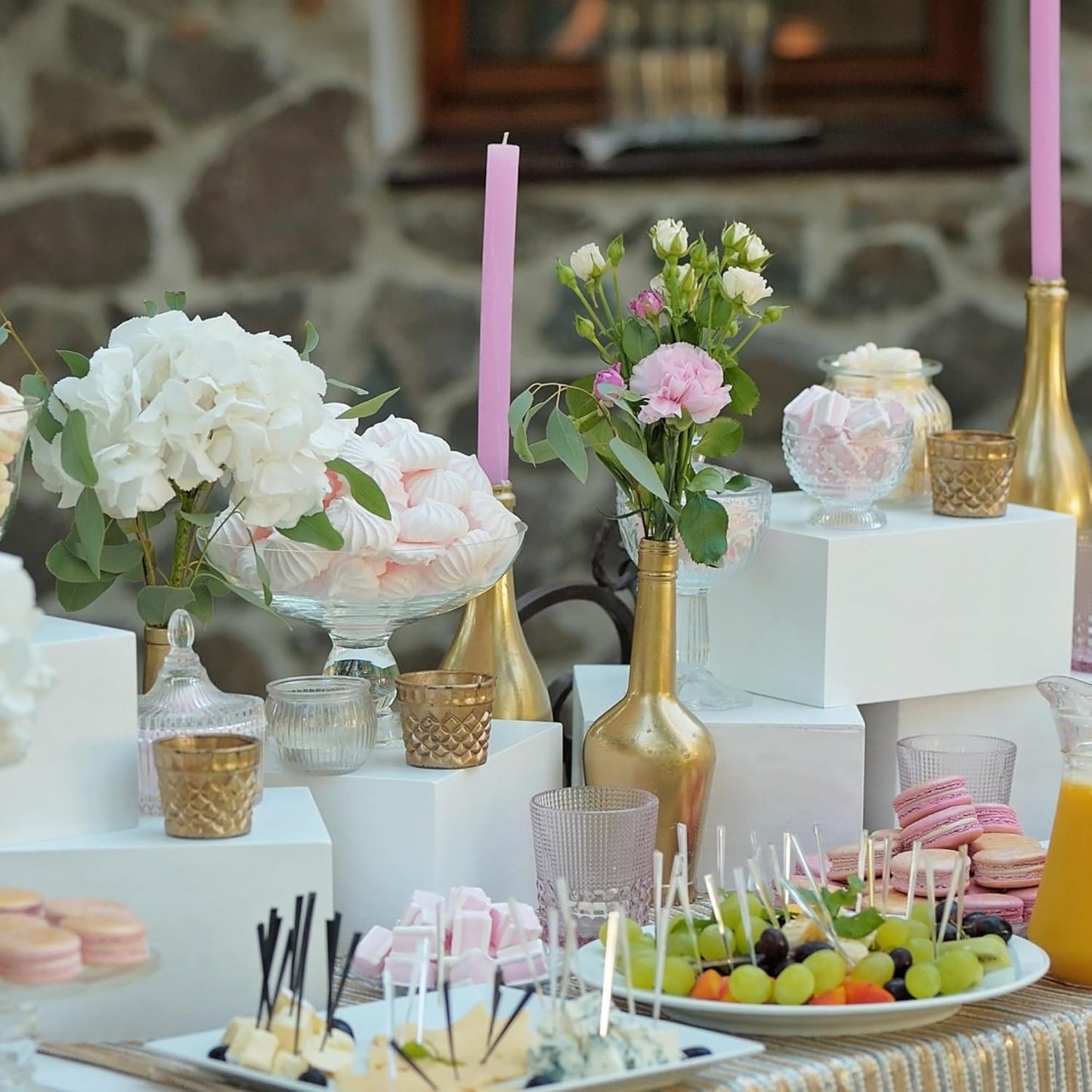 Leinuosen 7 Pcs Large Buffet Risers Set 6" to 12" Acrylic Display Box Catering Dessert Table Riser Food Display Decorative Stand with Hollow Bottom for Catering Supplies(White, Square)