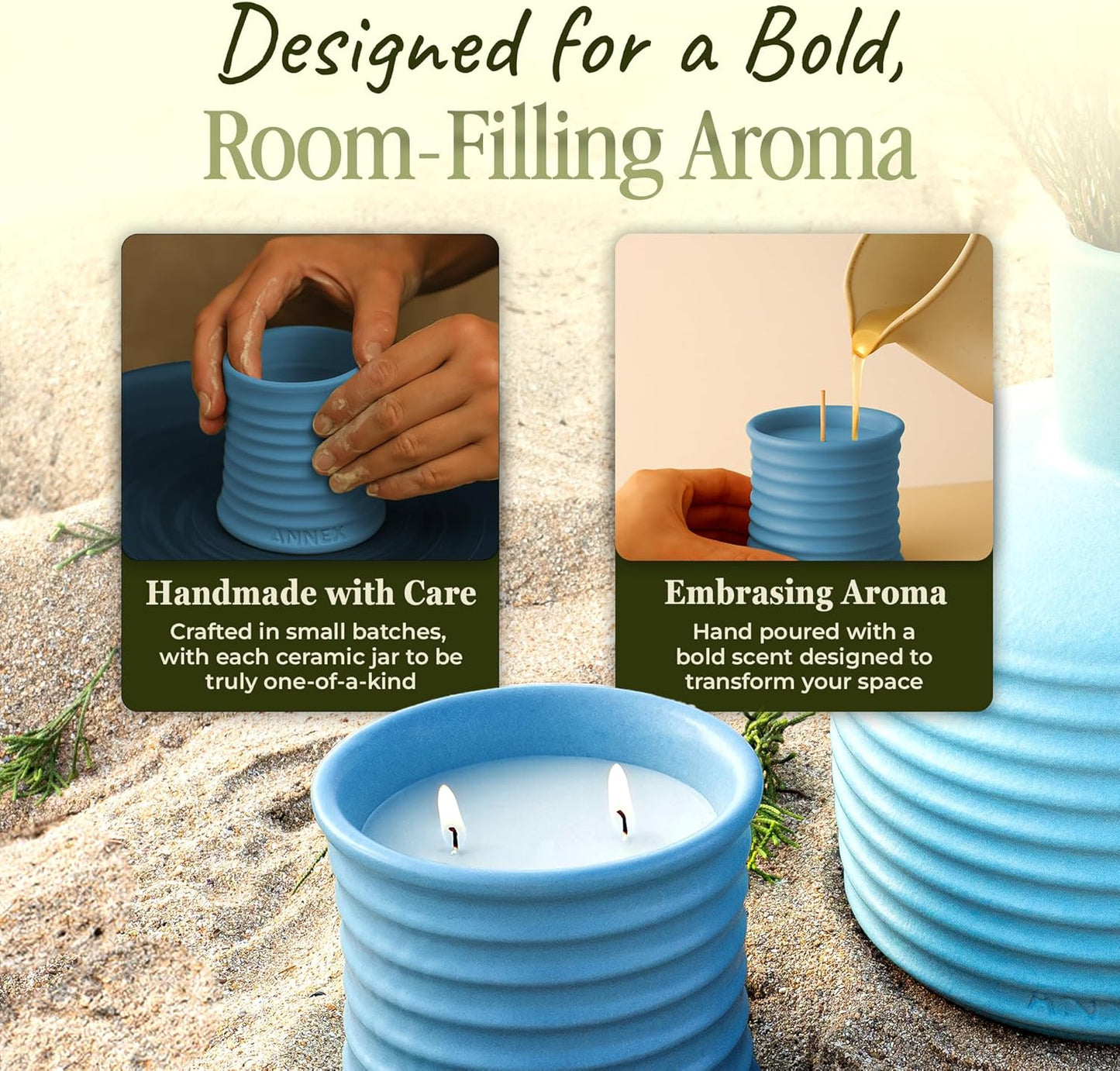 Scented Luxury Candles in Handmade Ceramic Jars, Soy Wax | Day On The Sea – Cypress & Cedar, Large Candle | Non Toxic, 2 Wicks, Reusable Big Blue Jar | Natural Spring Aromatherapy for Women & Men