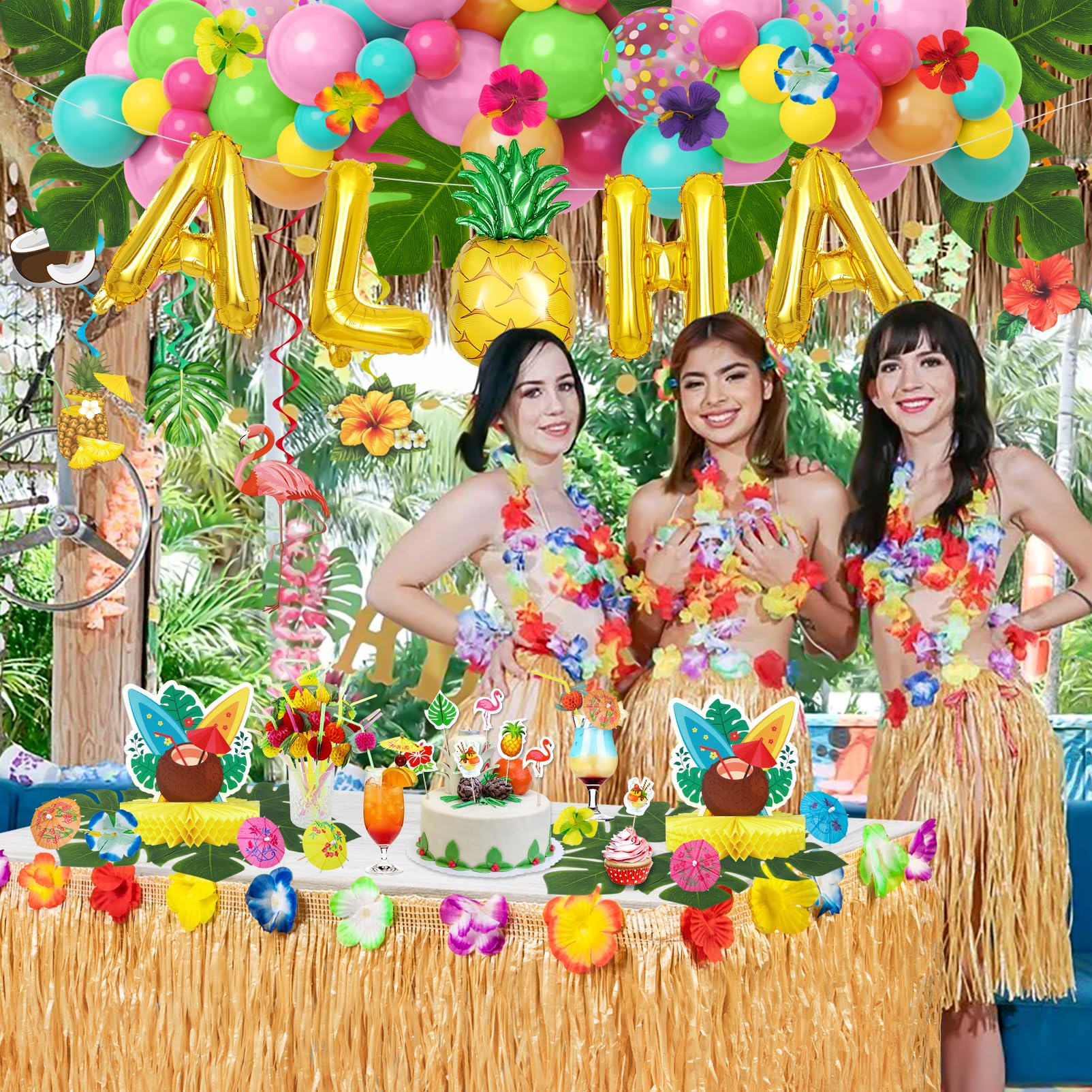 153Pcs Hawaiian Aloha Luau Party Decorations, Tropical Summer Beach Birthday Supplies Grass Table