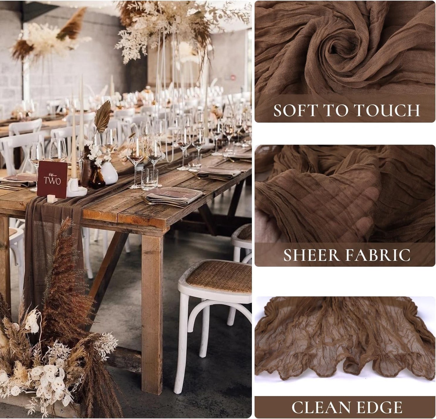 3 Pack Brown Cheesecloth Table Runner 35x120 Inch Gauze Coffee Table Runner Rustic Boho Cheese Cloth Sheer Runner for Wedding Baby Shower Bridal Shower Birthday Party Fall Decorations