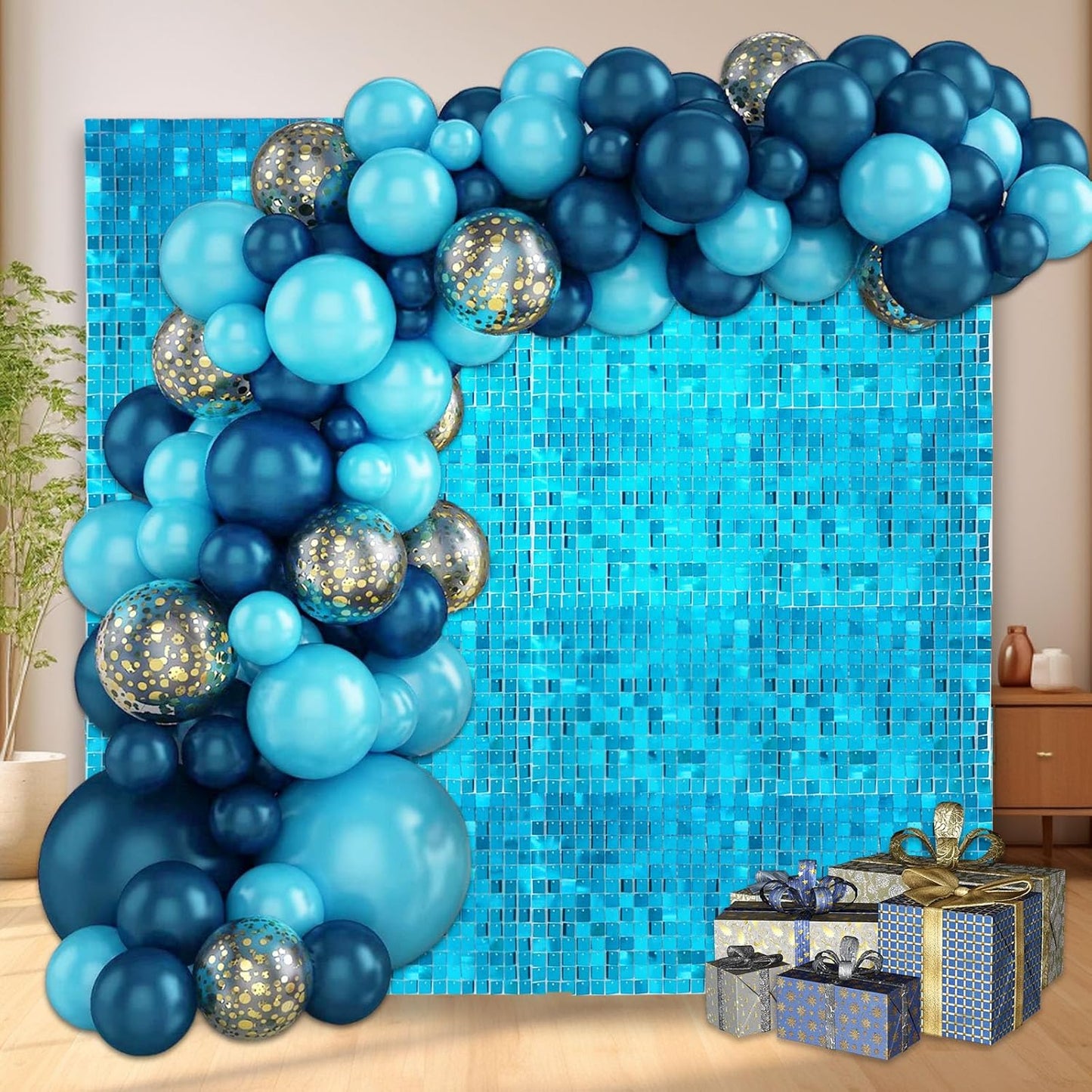 12PCS Lake Blue Shimmer Wall Backdrop, Square Sequin Photo Backdrops Panel, Glitter Wall Background for Birthdays, Weddings, Graduation, Baby Showers, Disco Bachelorette Party Decoration (3FTx4FT)