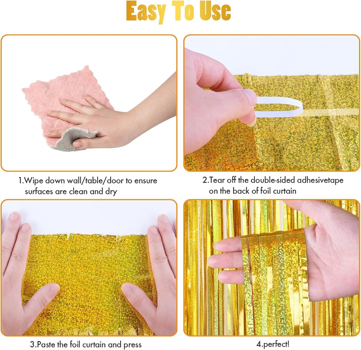 CANREVEL 2 Pack 3.3x8.2 Feet Laser Gold Foil Fringe Backdrop Curtains, Tinsel Streamers Birthday Party Decorations, Fringe Backdrop for Graduation, Baby Shower, Happy New Year, Disco Party