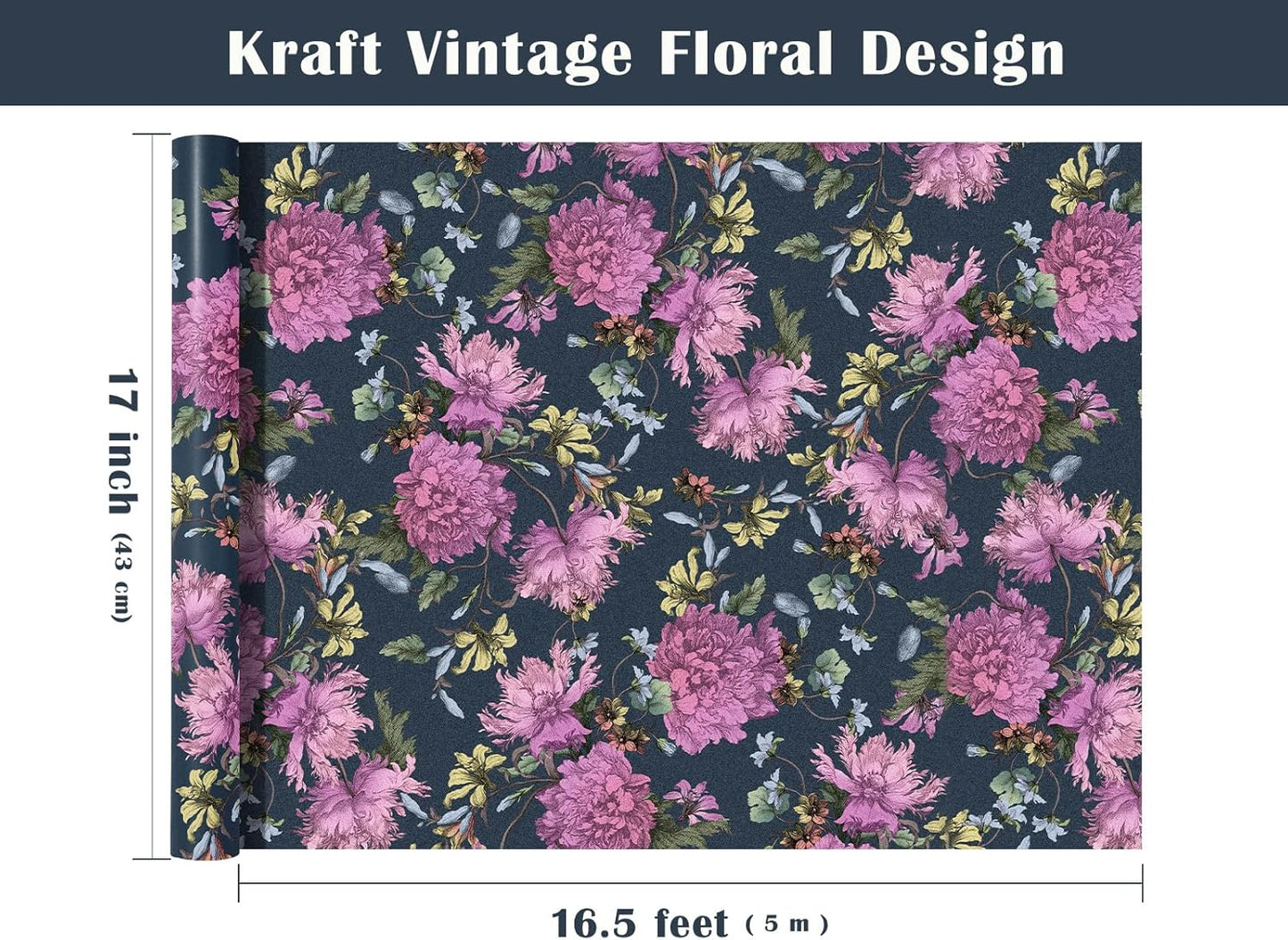 WRAPAHOLIC Kraft Floral Wrapping Paper Roll - Mini Roll - 17 Inch x 16.5 Feet - Vintage Flower Wrapping Paper Perfect for Wedding, Birthday, Bridal Shower, Tea Party