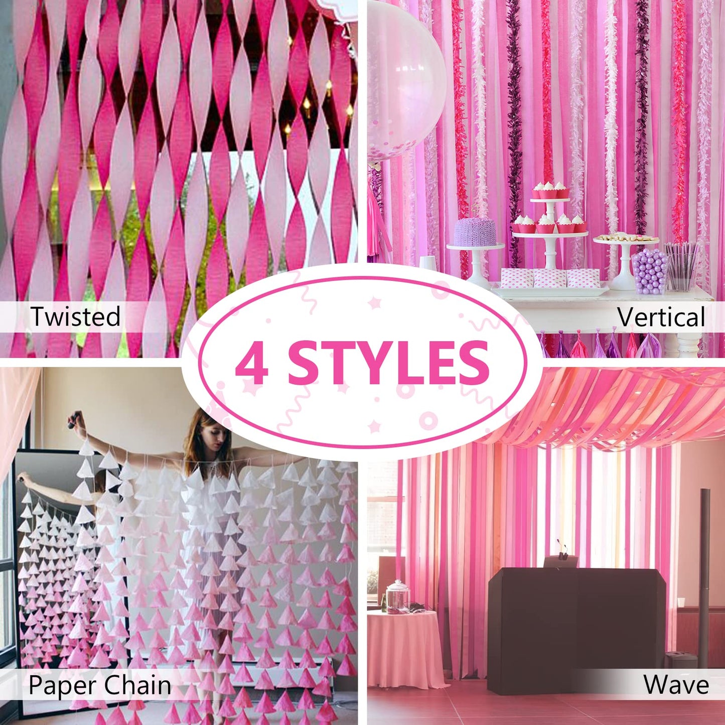 PartyWoo Hot Pink Crepe Paper Streamers 4 Rolls 328 FT Streamers