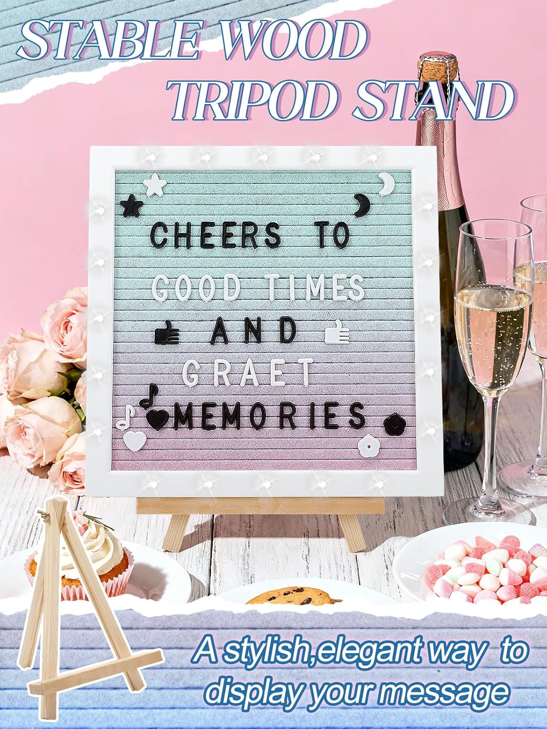 Light up Changeable Felt Letter Board Sign with LED Lights - 10×10" Message Board & Wood Stand & 450 Letters, for Halloween/Birthday/Event/Pregnancy/Baby Announcement/Home Wall Decor Gifts, Gradient