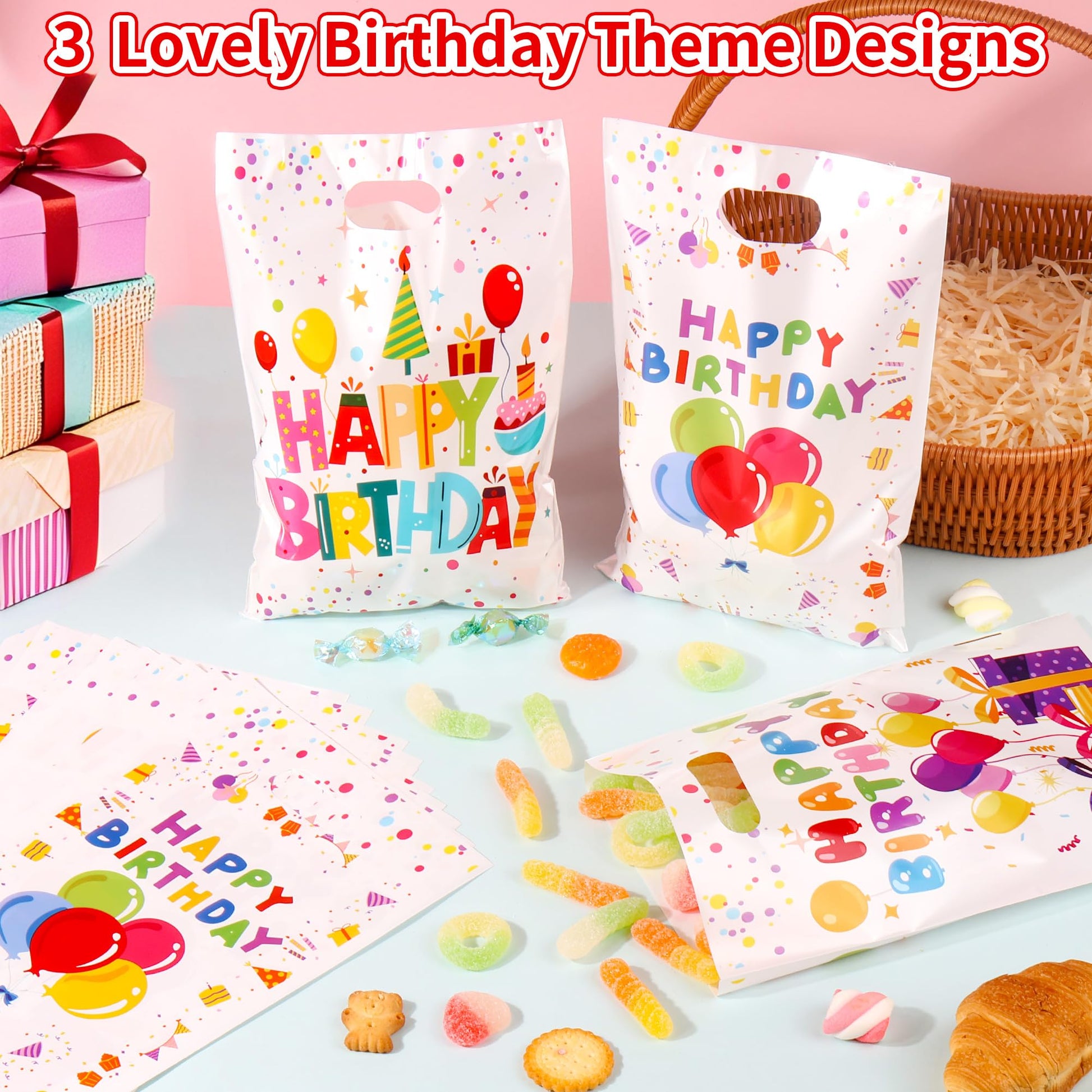 50 PCS Birthday Party Favor Bags - 6.5 x 9.8 Inch Happy Birthday Goodie Bags with Handles - Plastic