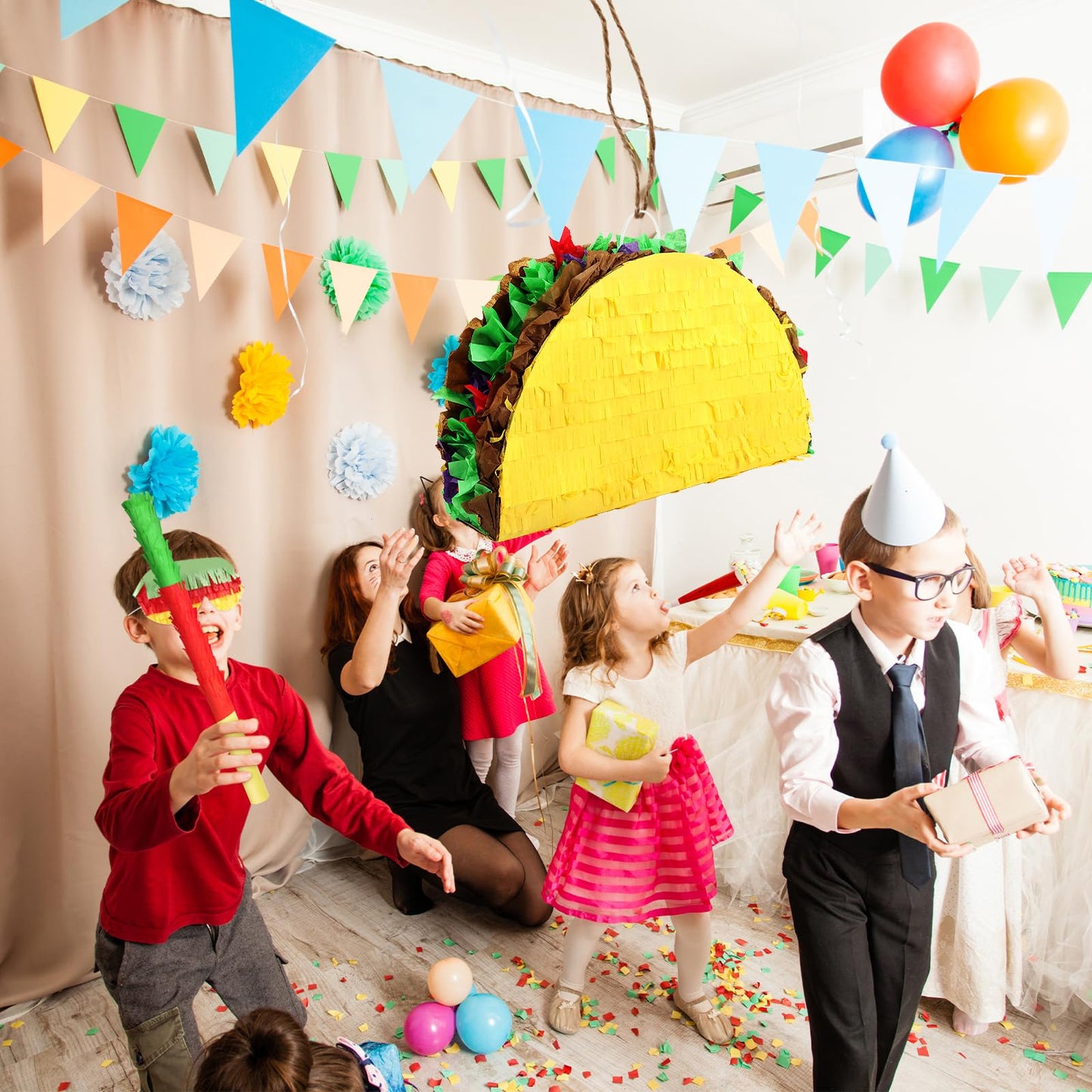 Hooqict Taco Pinata Set Mexican Birthday Party Pinata with Stick & Blindfold for Fiesta Kids Adults