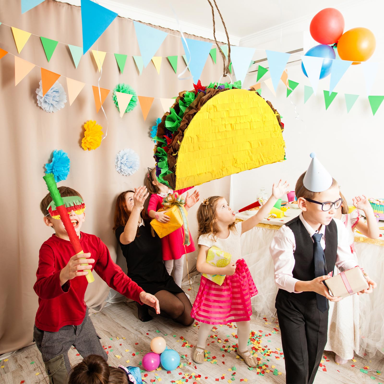 Hooqict Taco Pinata Set Mexican Birthday Party Pinata with Stick & Blindfold for Fiesta Kids Adults