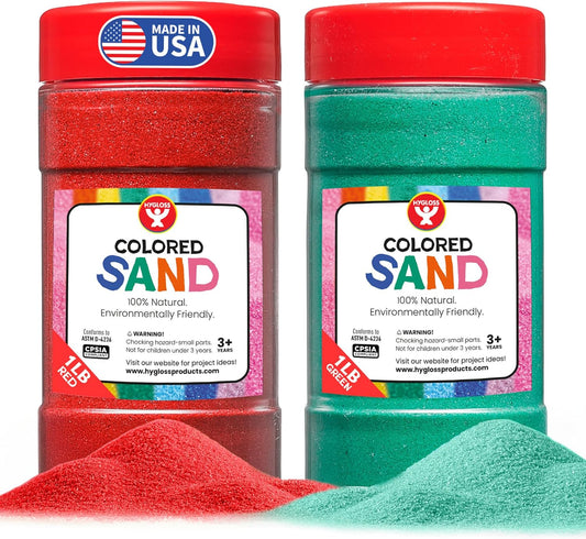 Hygloss Colored Sand for Crafts - 1 lb Bottle, Red and Green - Vibrant Colorful Fine Sensory Play Sand Art Kits for Kids - Classroom Activities for Children 3 4 5 6 7 8 9 10 11 12 - Safe for Ages 3+