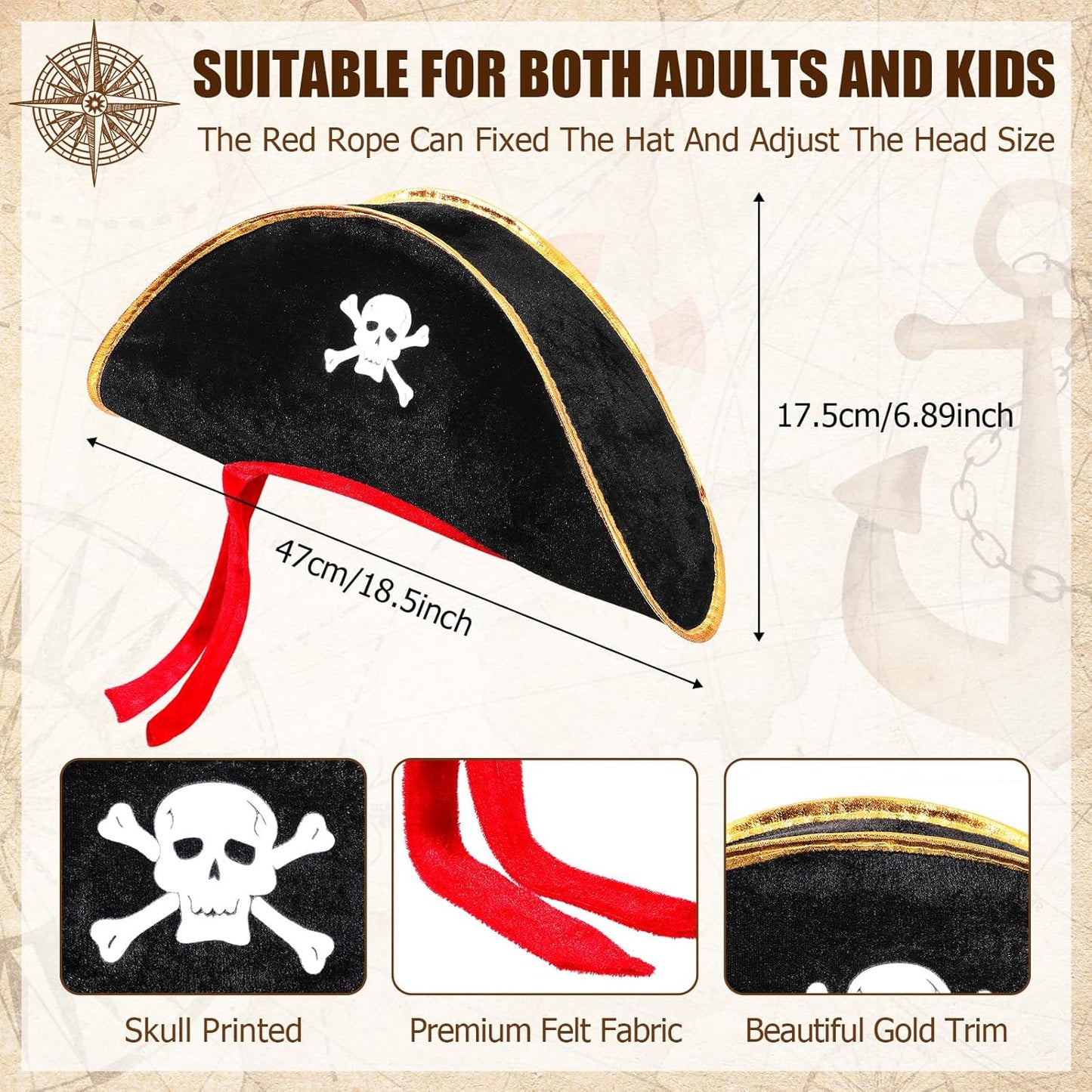 Hsei Halloween Pirate Hat Skull Print Captain Costume Caps Party Accessories Hats for Cosplay Caribbean Nautical Themed