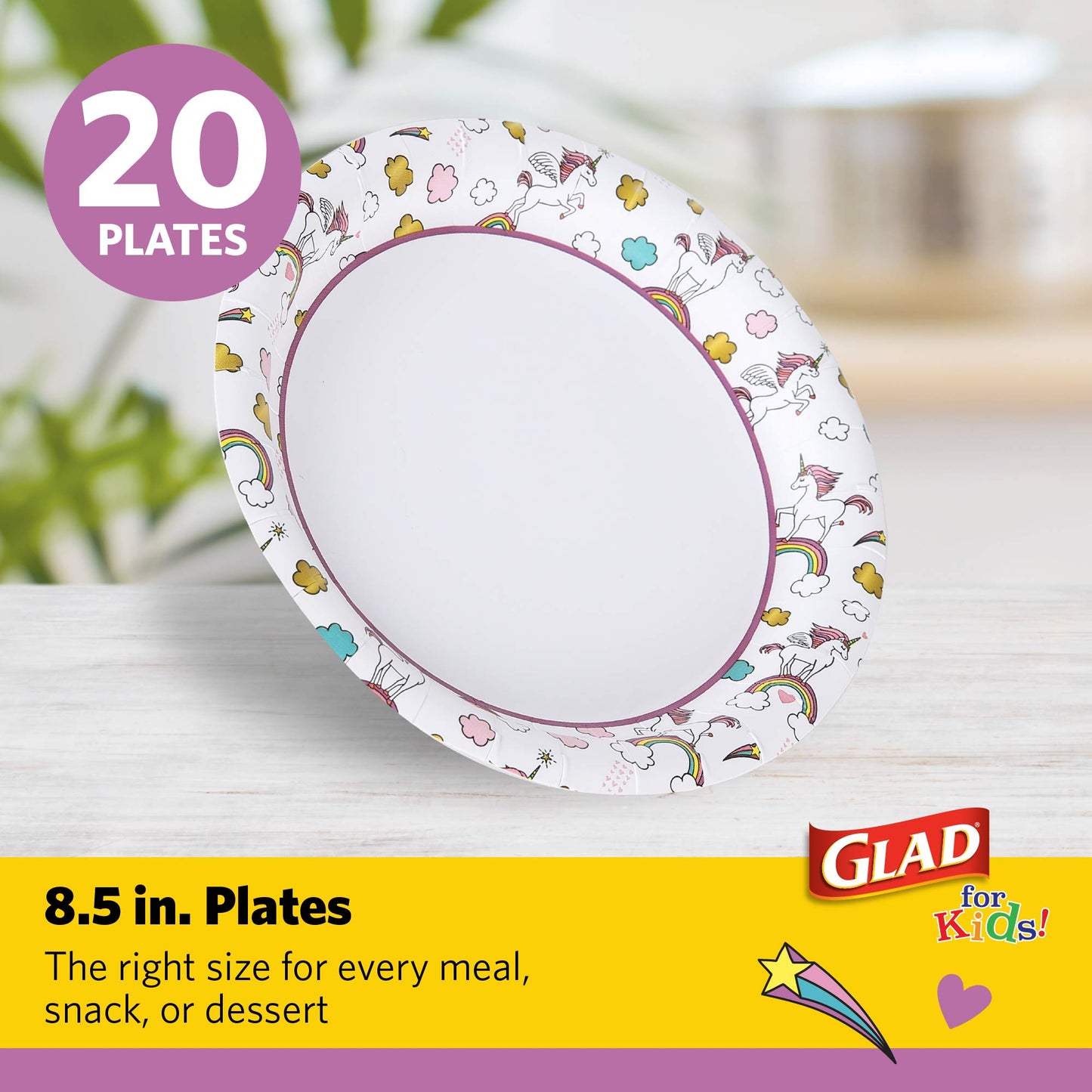 Glad for Kids Disposable Paper Plates, Unicorns, 8.5 Inch, 20 Count