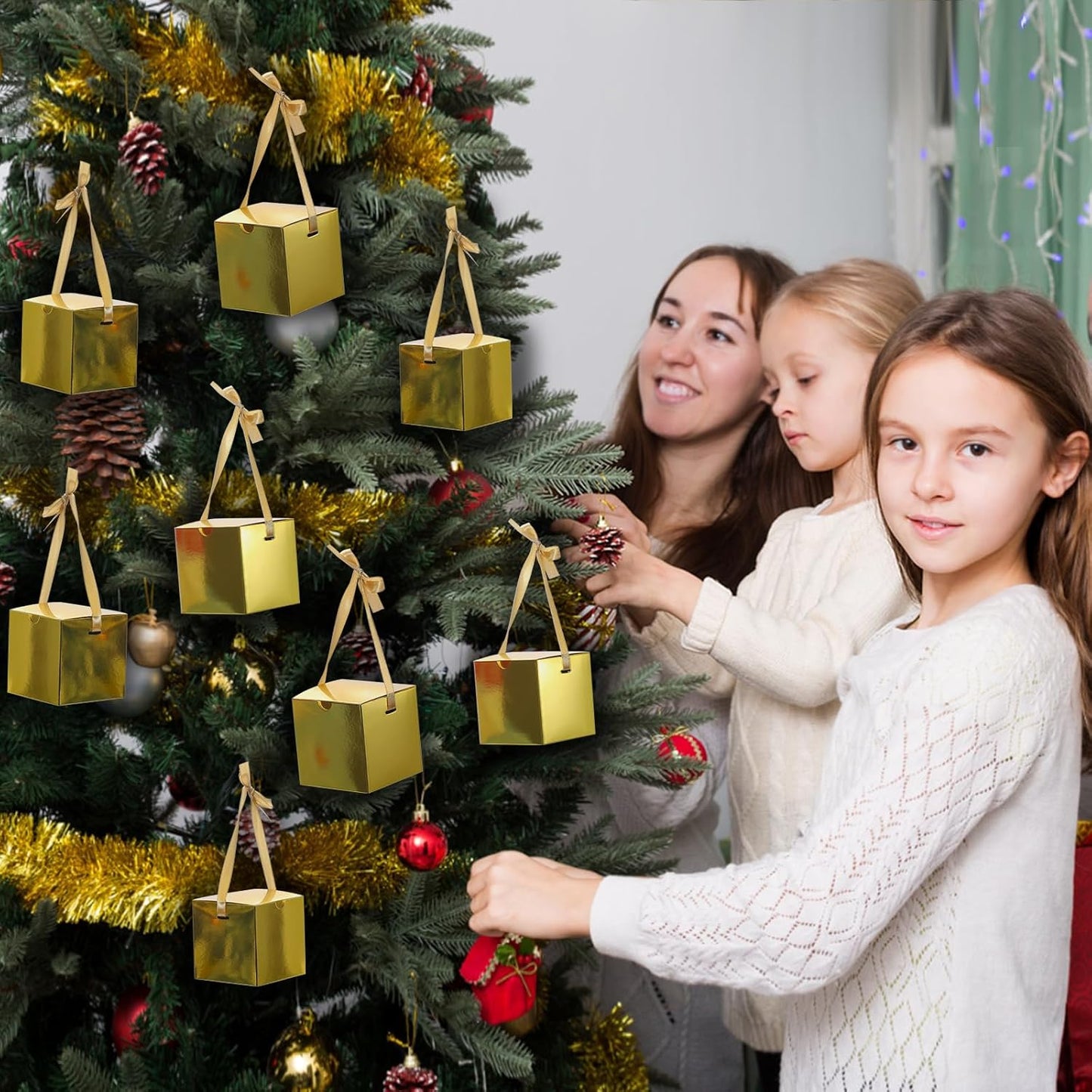 DOYIDE Small Gift Boxes, 60 Pcs 4x4x4 Inch Gold Elegant Paper Box with Ribbons, Party Favor Boxes for Candy Cupcake Christmas Wedding Baby Shower Bridesmaids Birthday