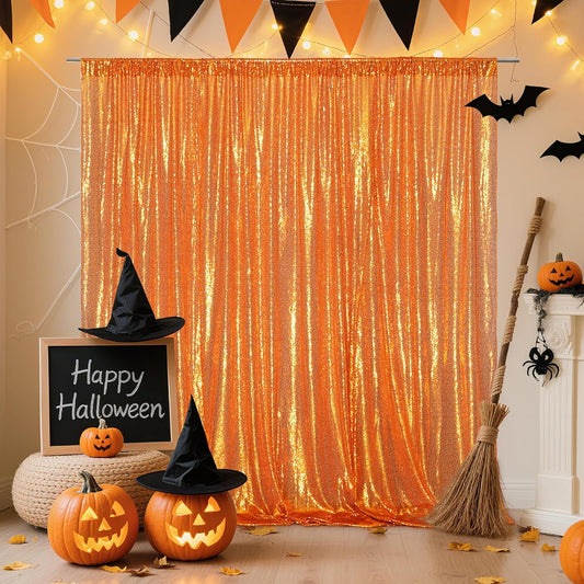 Poise3EHome 6FT x 8FT Orange Sequin Photography Backdrop Curtain for Halloween Party Decoration