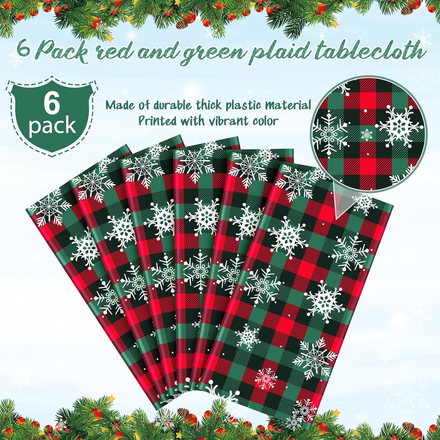6Pcs Christmas Buffalo Plaid Snowflake Party Tablecloths Decorations,Plastic Red and Green Checkered Rectangle Table Cover for Winter Christmas New Year Birthday Holiday Party Decorations,54x108 inch