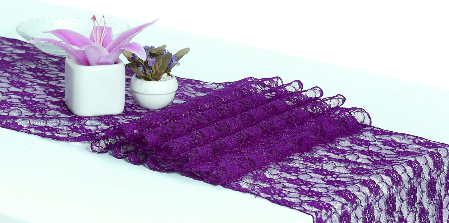 MDS Pack of 15 Wedding 12 x 108 inches Lace Table Runner for Wedding, Decorations for Birthday Parties, Banquets, Graduations, Engagements, and Runners fit Rectangle, Round Table- Purple